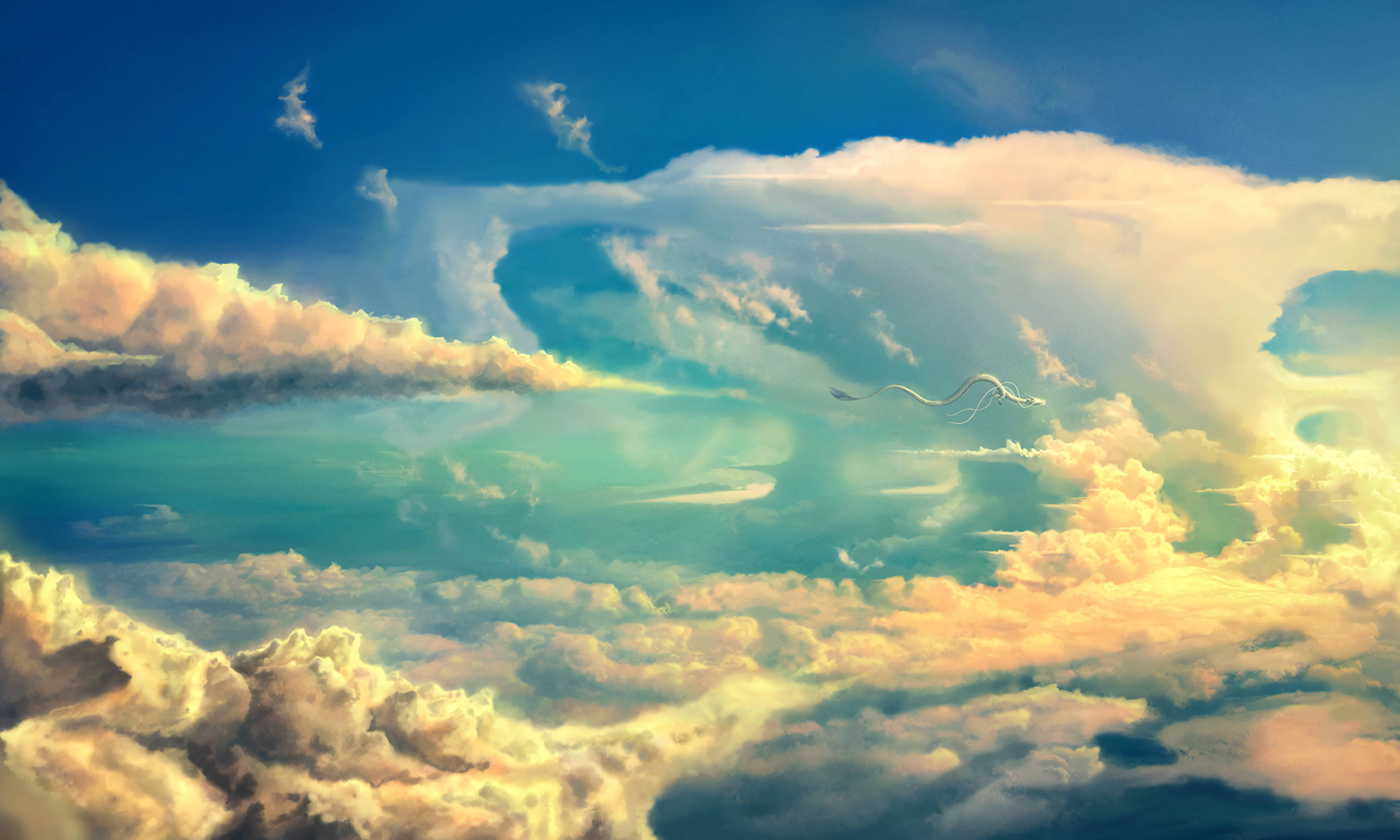 white dragon, golden clouds, teal clouds, 2K Desktop Wallpaper