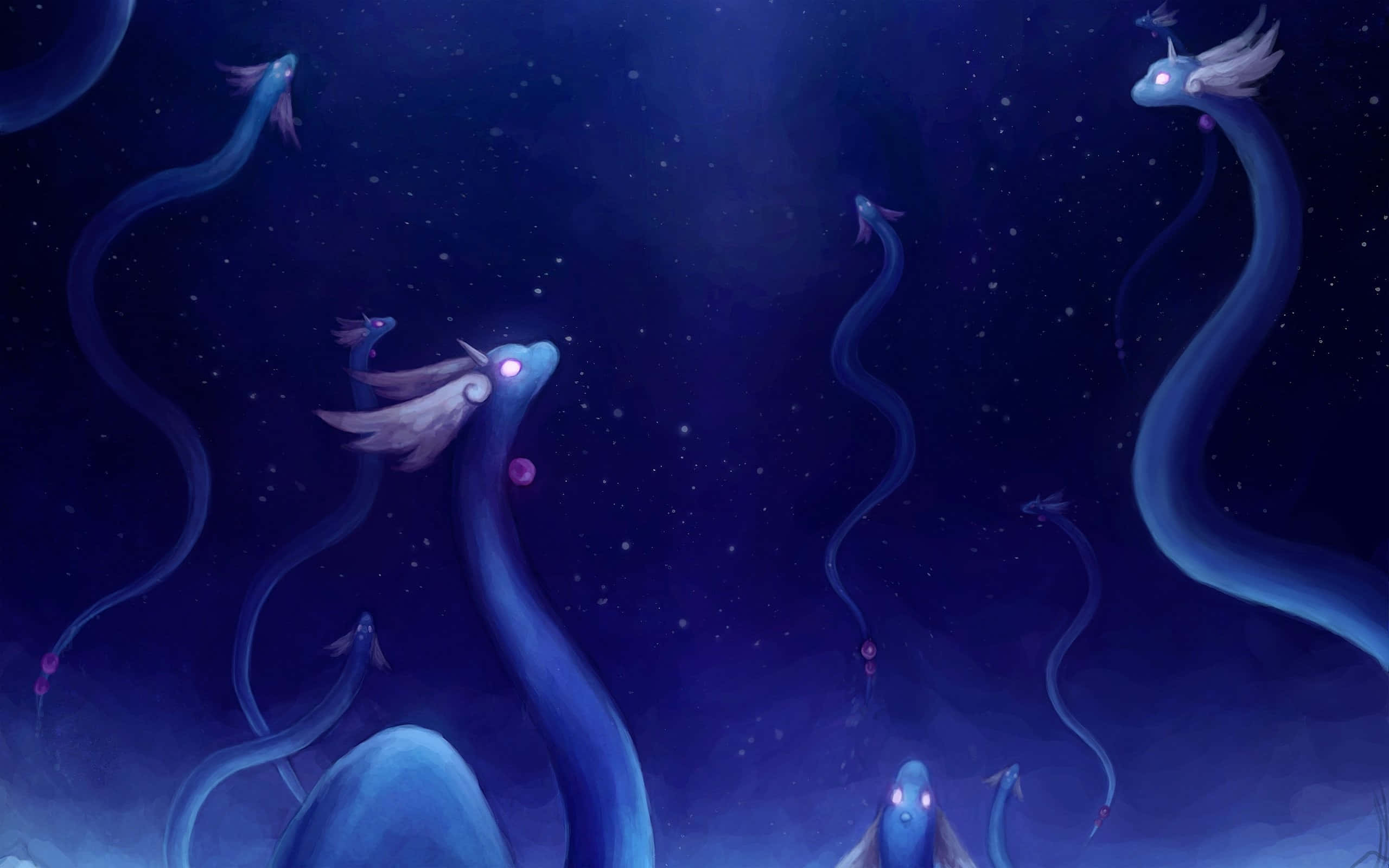 Dragonair, swarm, glowing blue, 2K Desktop Wallpaper