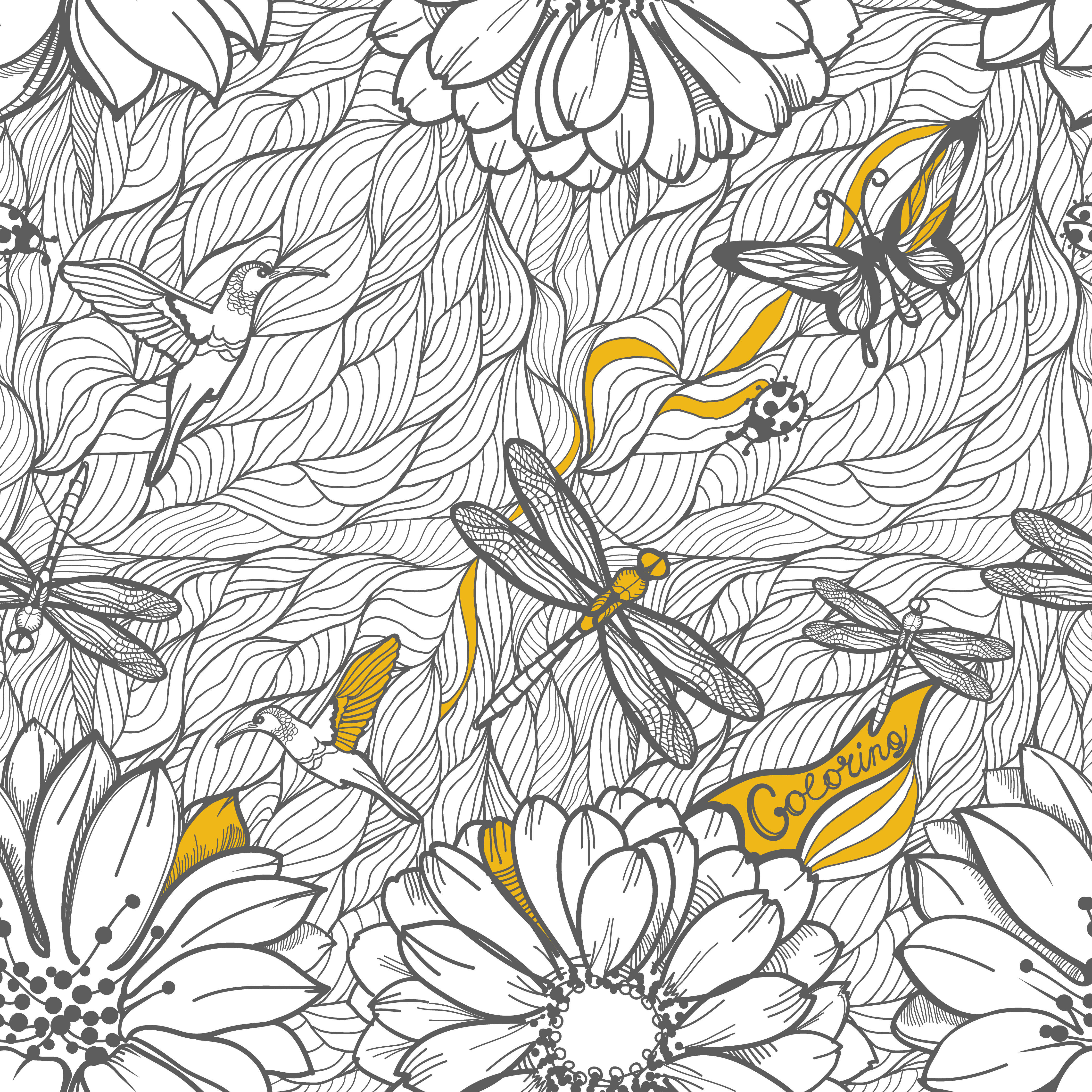 yellow and grey dragonfly art, black and white line art, intricate floral patterns, 4K Desktop Wallpaper