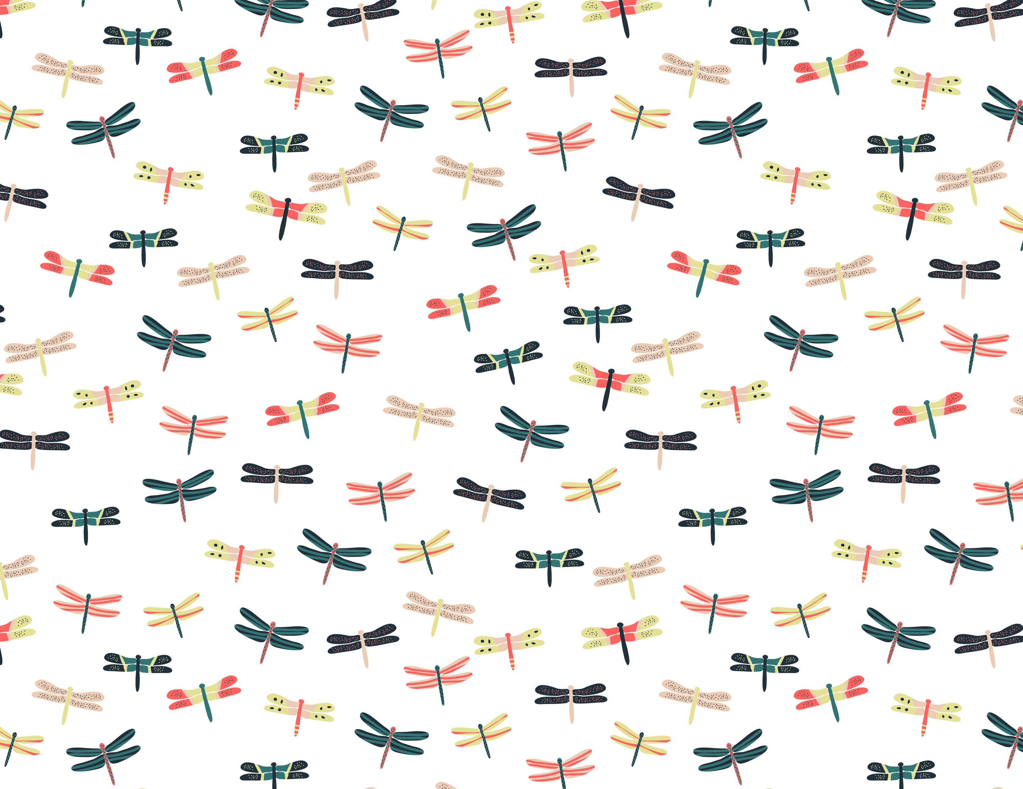 cute tiny dragonfly pattern, colorful cartoon dragonflies, clean white background, 2K Desktop Wallpaper