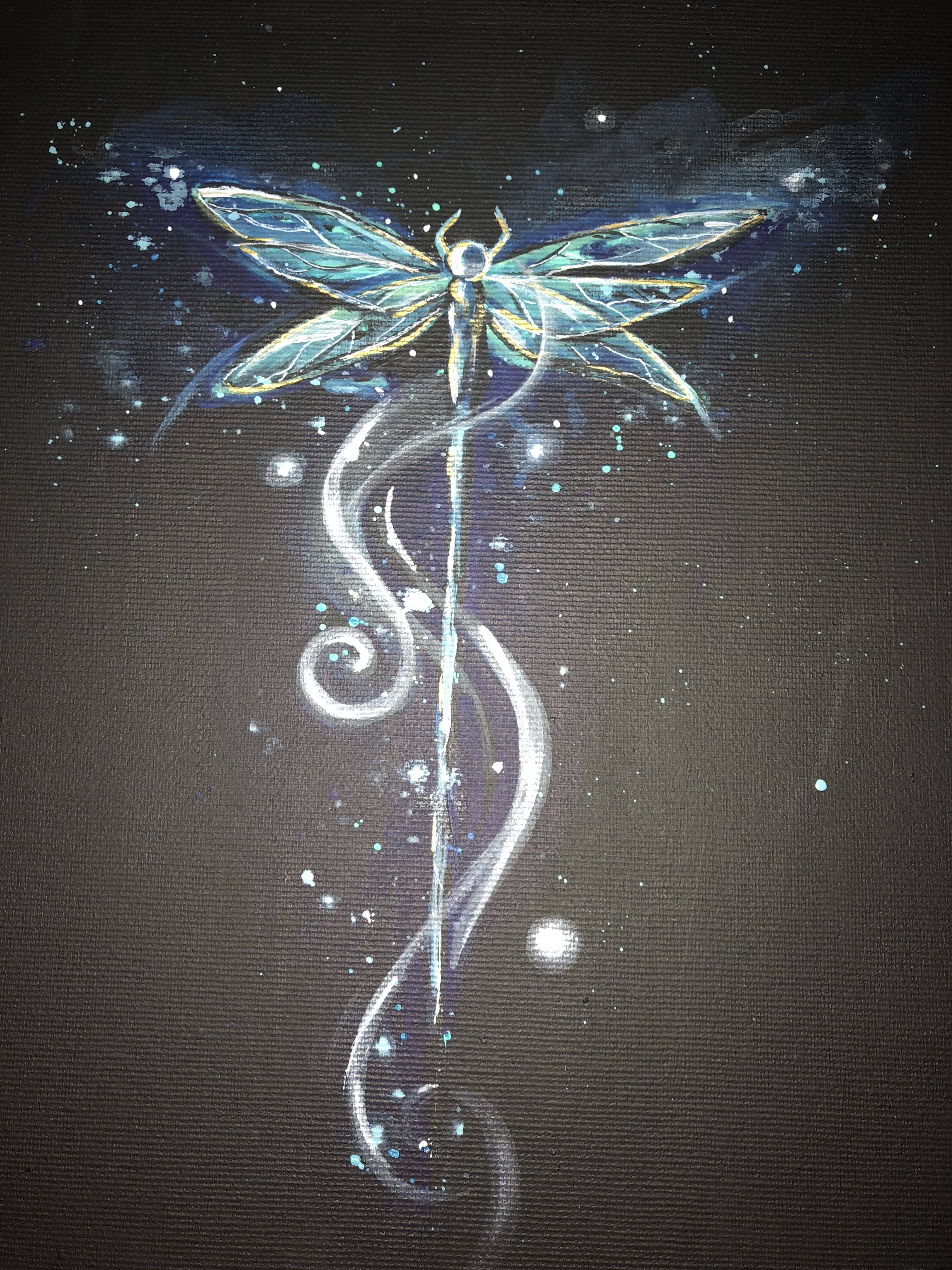 glowing blue dragonfly, golden veins, swirling silver tendrils, 4K Phone Wallpaper