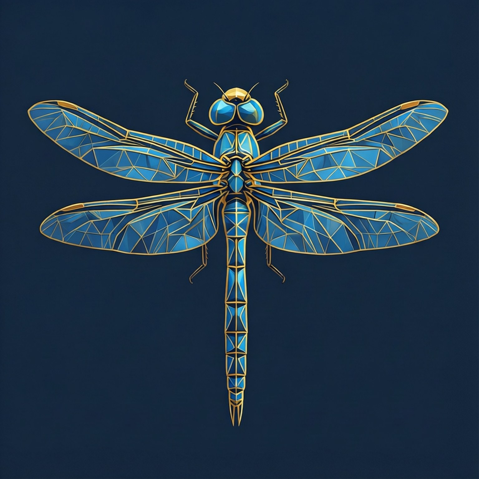 geometric dragonfly, blue and gold facets, deep navy background, HD Desktop Wallpaper