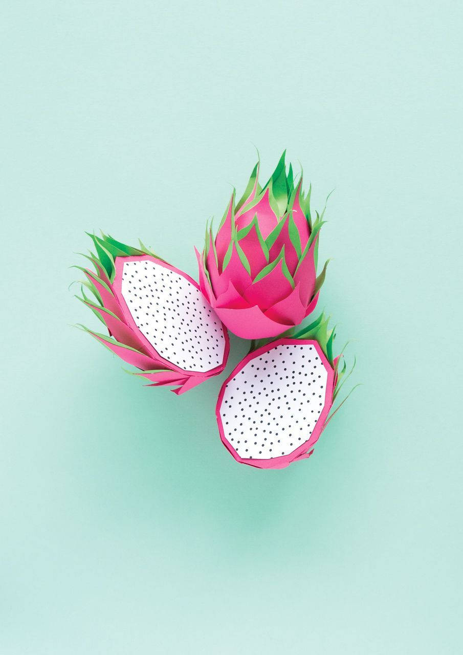 pastel green background, mint background, pink paper-cut dragon fruits, HD Phone Wallpaper