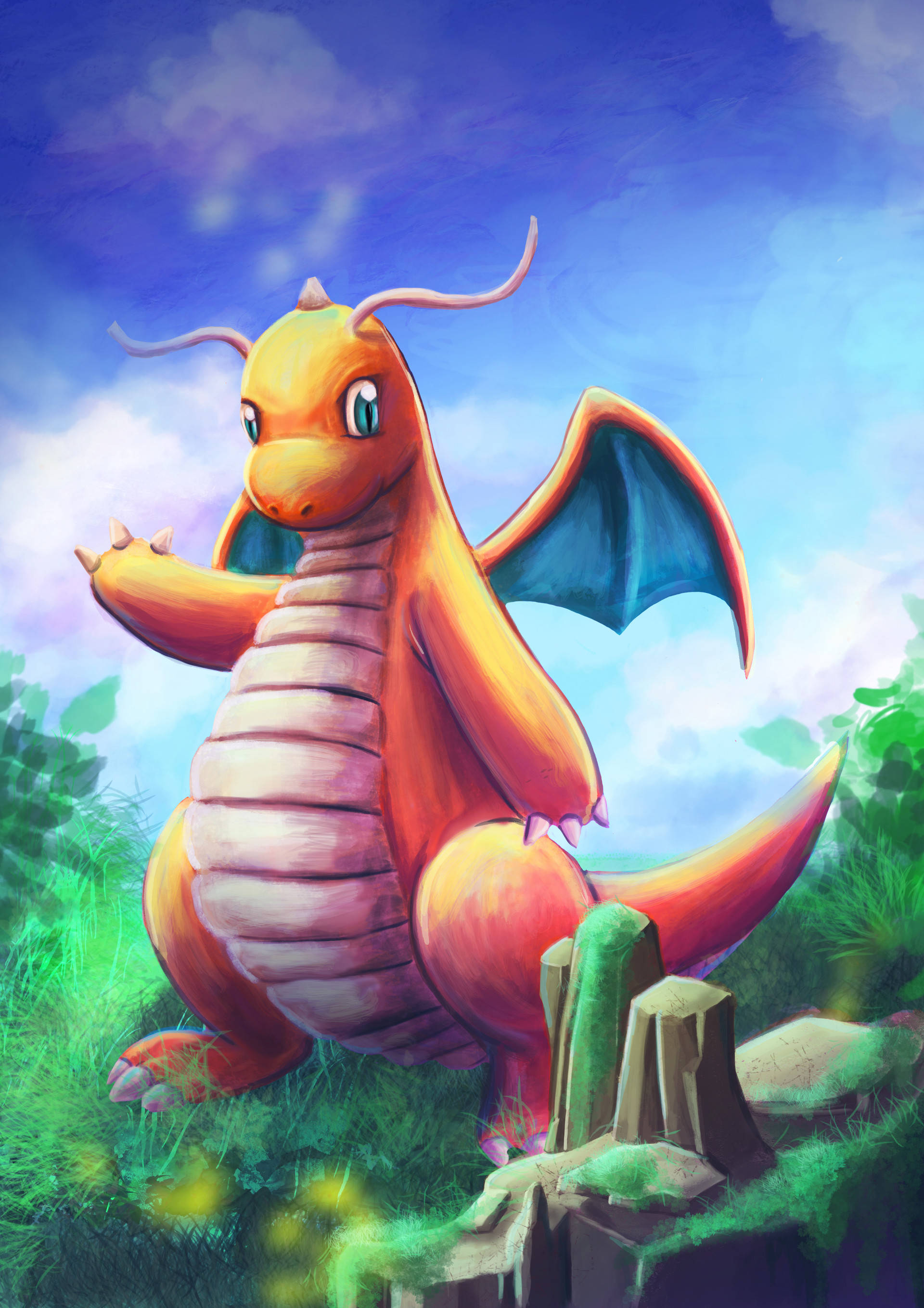 Dragonite, orange, blue wings, 2K Phone Wallpaper