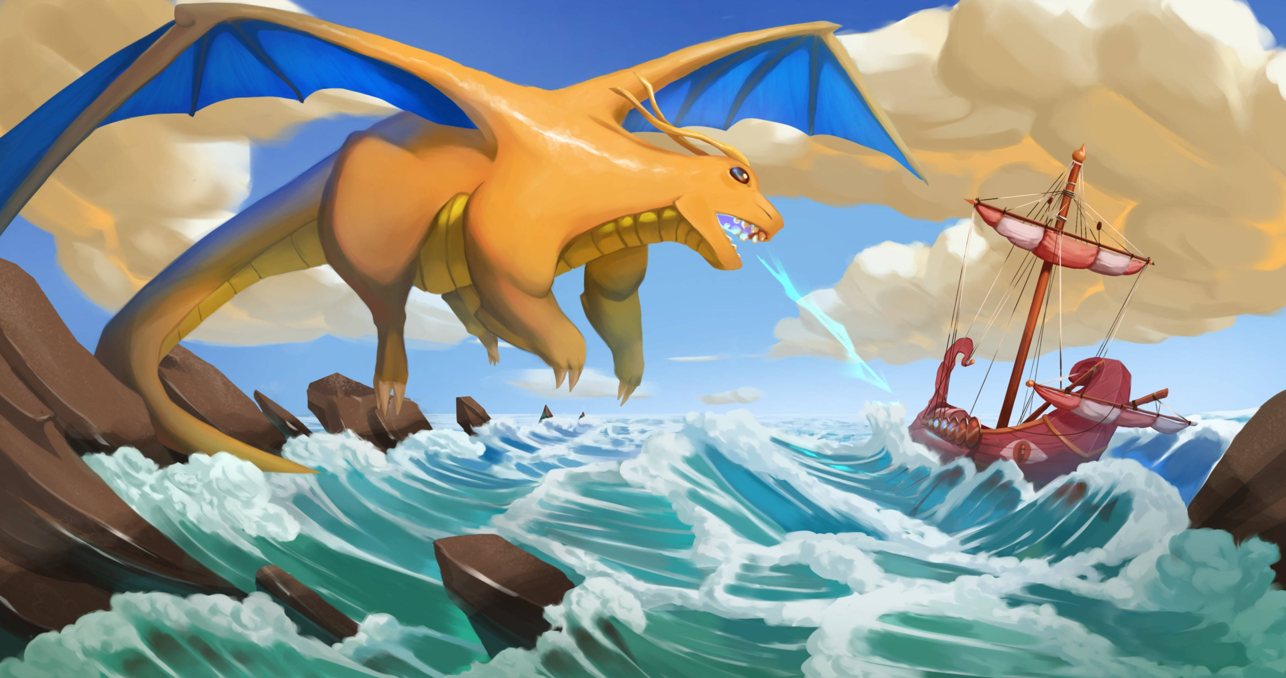 Dragonite, yellow dragon, blue wings, 4K Desktop Wallpaper