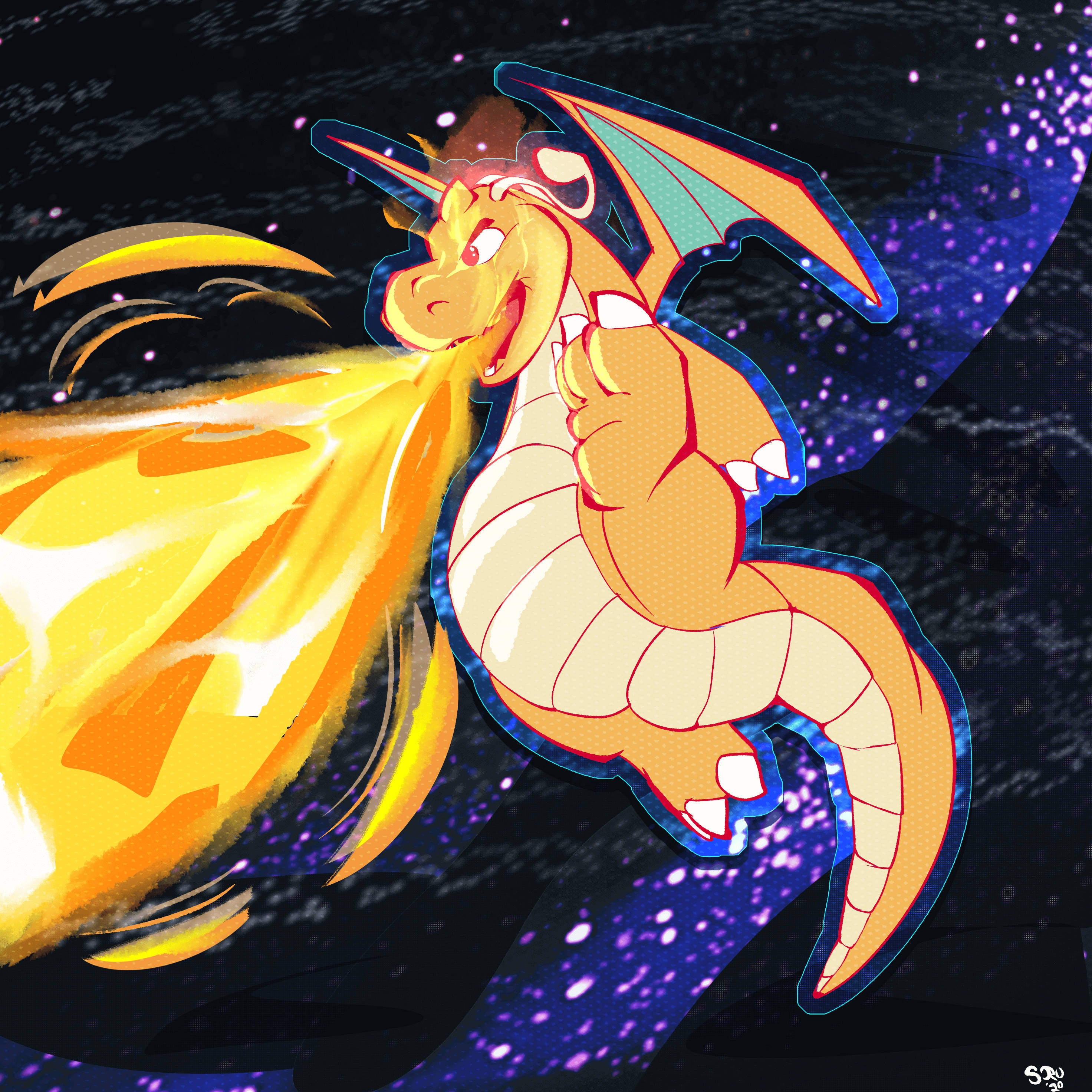 Dragonite, fire breath, starry cosmic backdrop, 2K Desktop Wallpaper