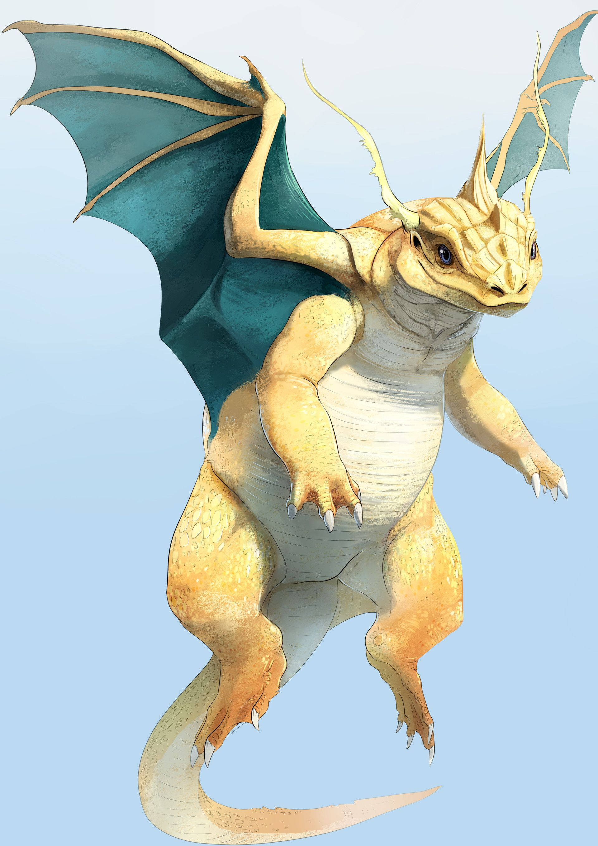 Dragonite, golden, teal wings, 2K Phone Wallpaper