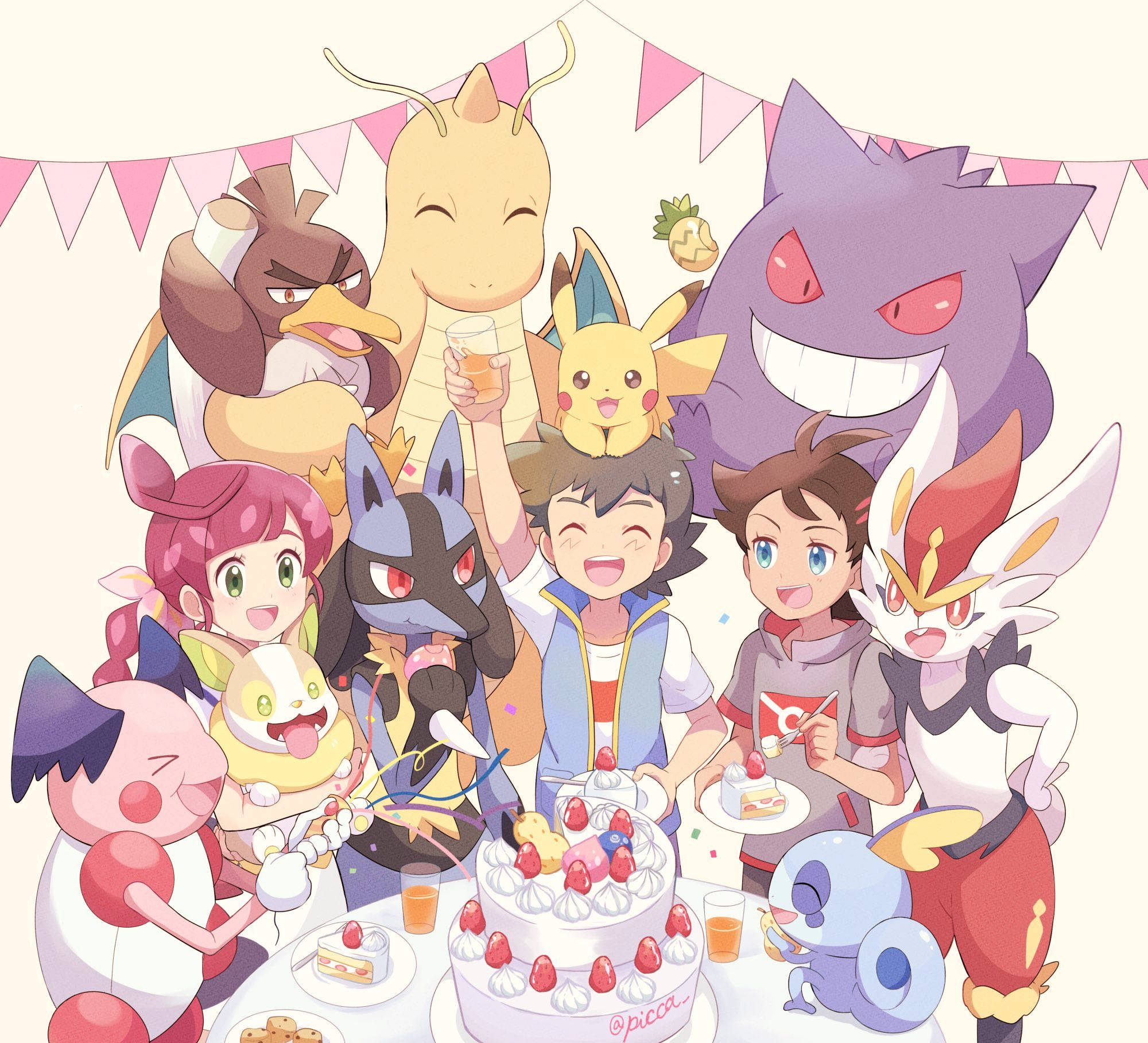 Dragonite, birthday party, strawberry cake, Full HD Desktop Wallpaper