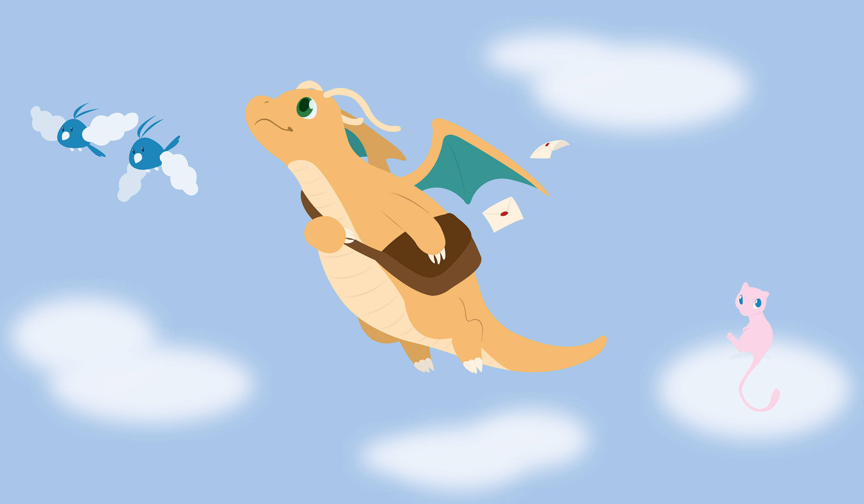 Dragonite, light blue sky, fluffy clouds, 2K Desktop Wallpaper