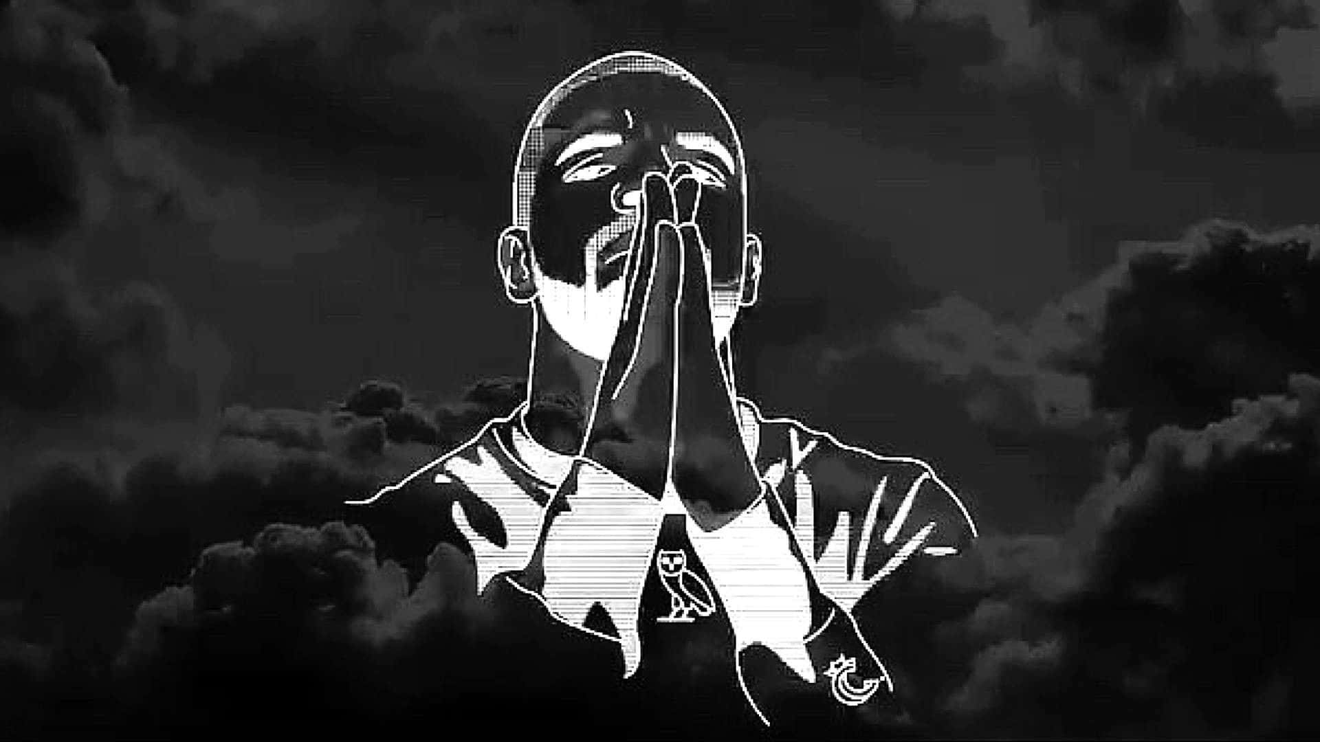 Drake Computer, black and white illustration, man in prayer, Full HD Desktop Wallpaper