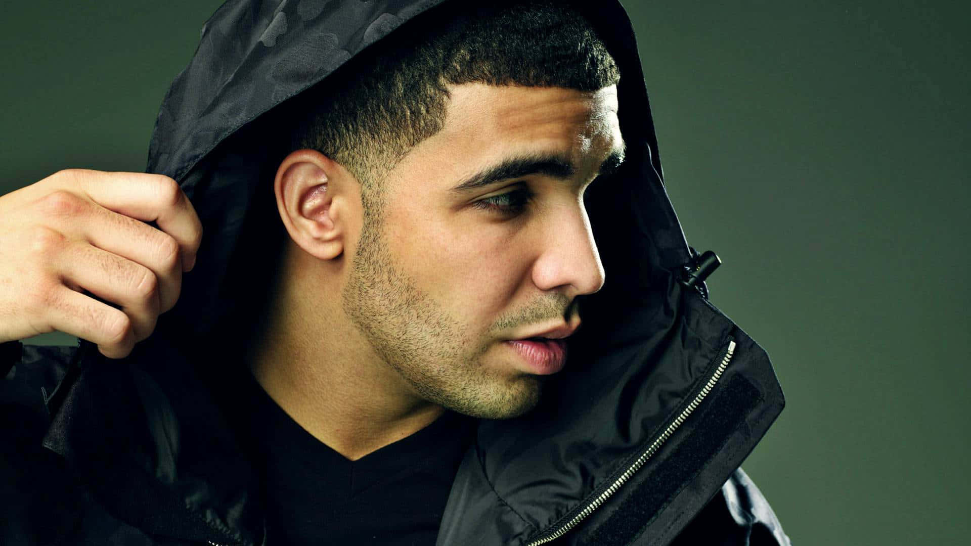 Drake Computer, black hooded jacket, dark green background, Full HD Desktop Wallpaper