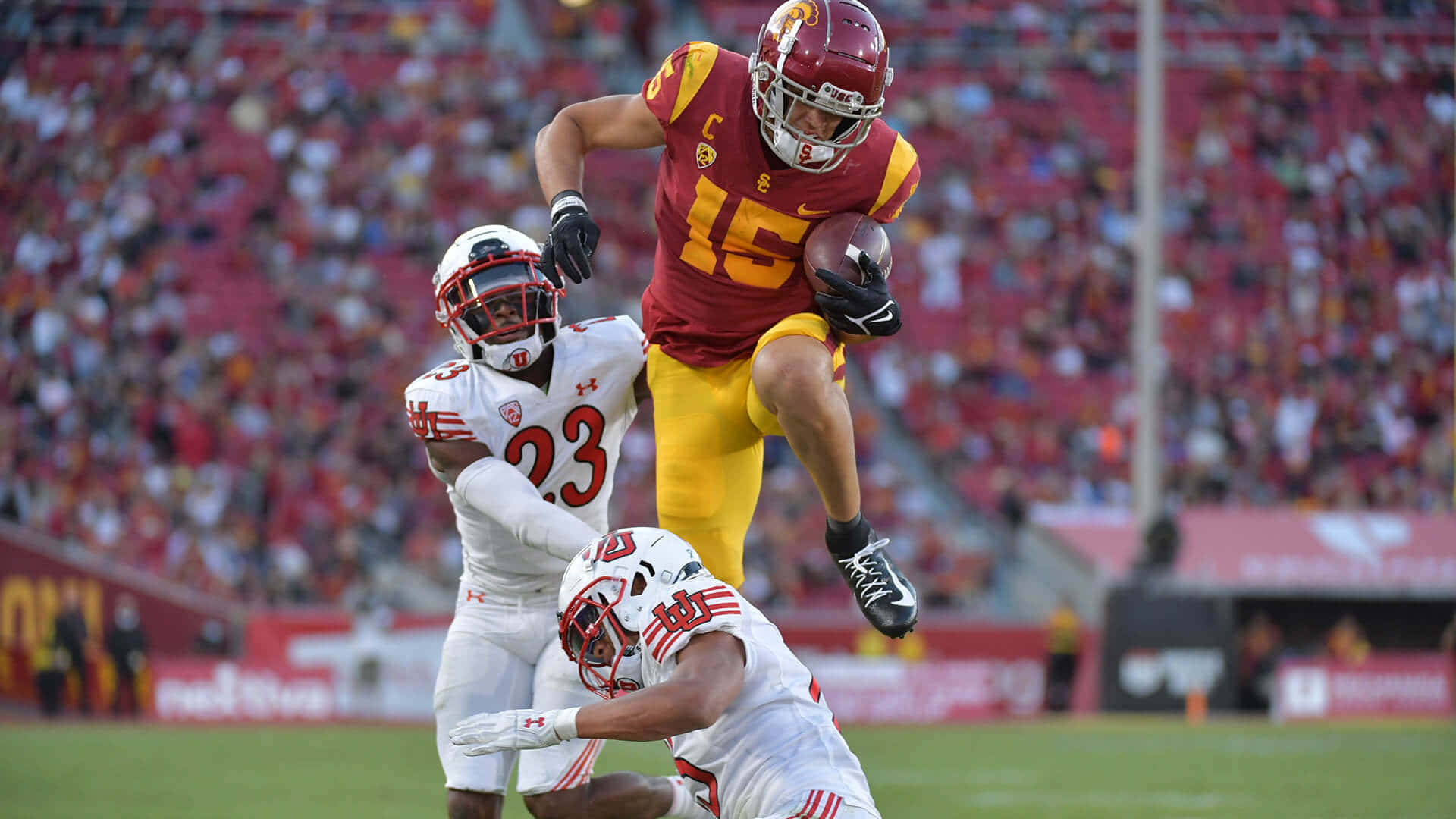 Drake London, USC football player, maroon and gold, Full HD Desktop Wallpaper