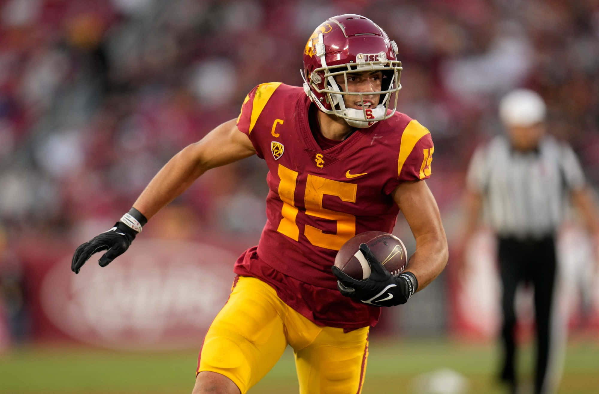 Drake London, USC football player, maroon and gold uniform, Full HD Desktop Wallpaper