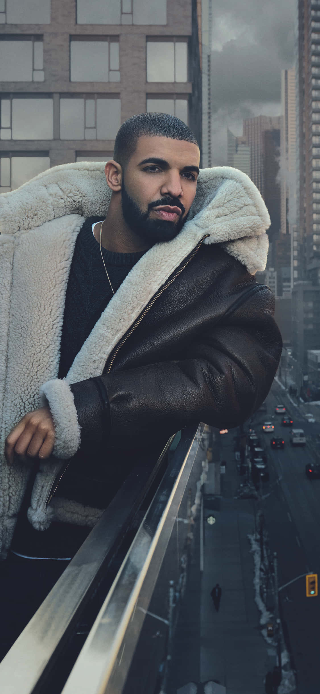 shearling-lined leather jacket, high-rise balcony, rainy city street, Full HD Phone Wallpaper
