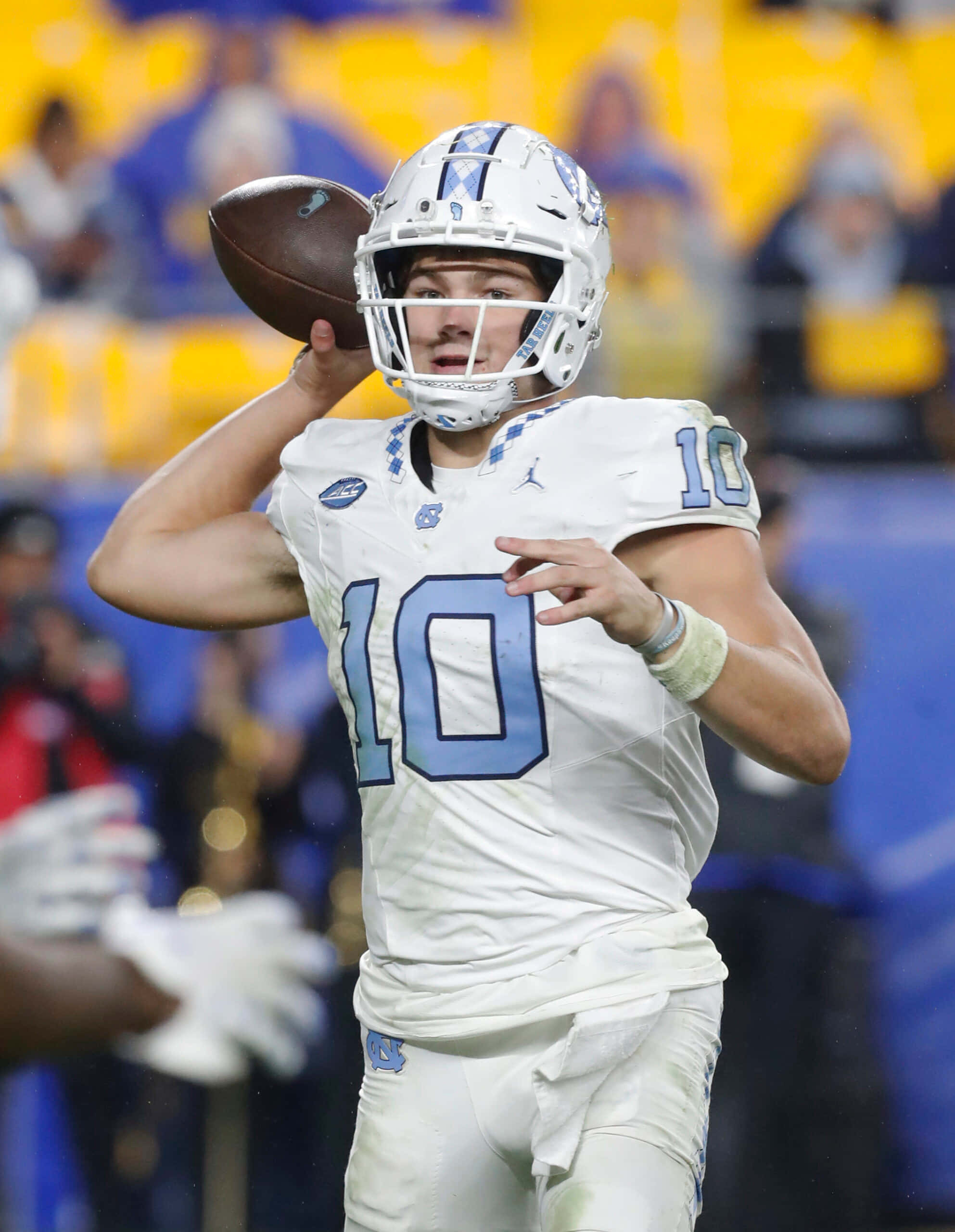 Drake Maye, number 10, white uniform, 2K Phone Wallpaper