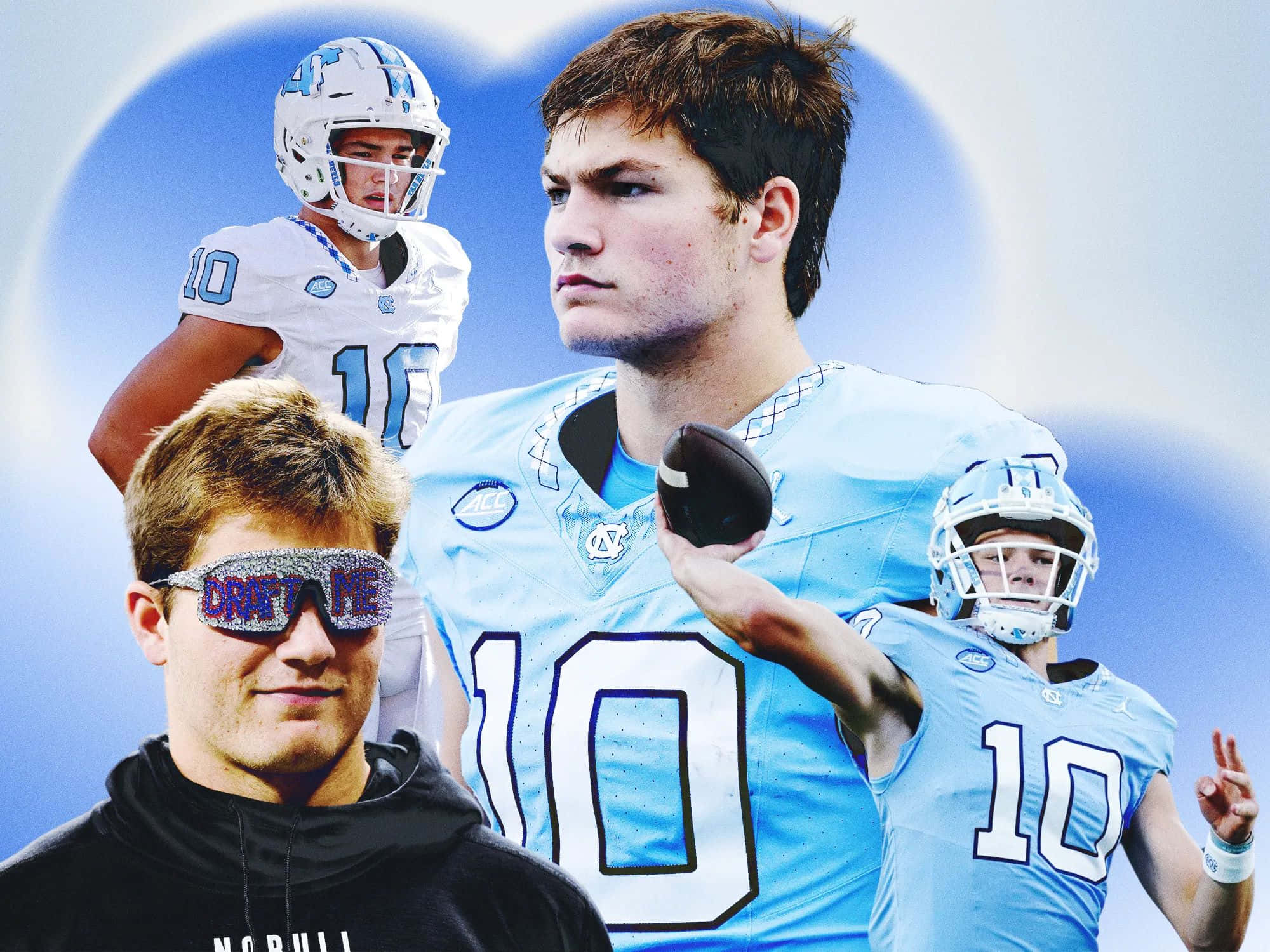 Drake Maye, U N C, light blue jersey, Full HD Desktop Wallpaper
