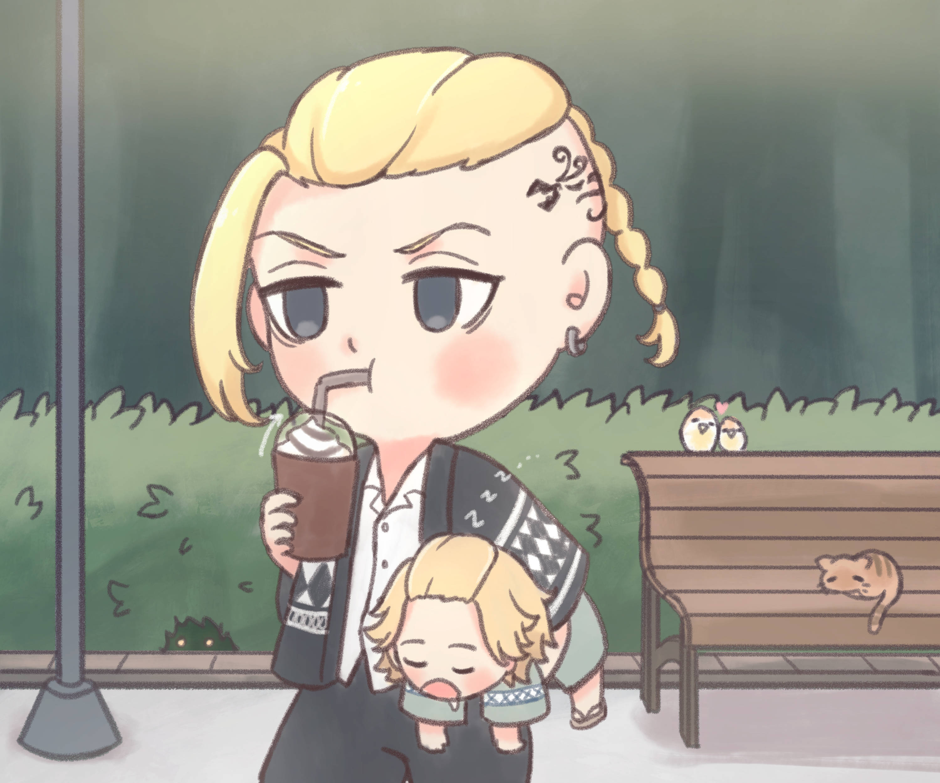 Draken Tokyo Revengers, chibi, blonde braids, 2K Desktop Wallpaper