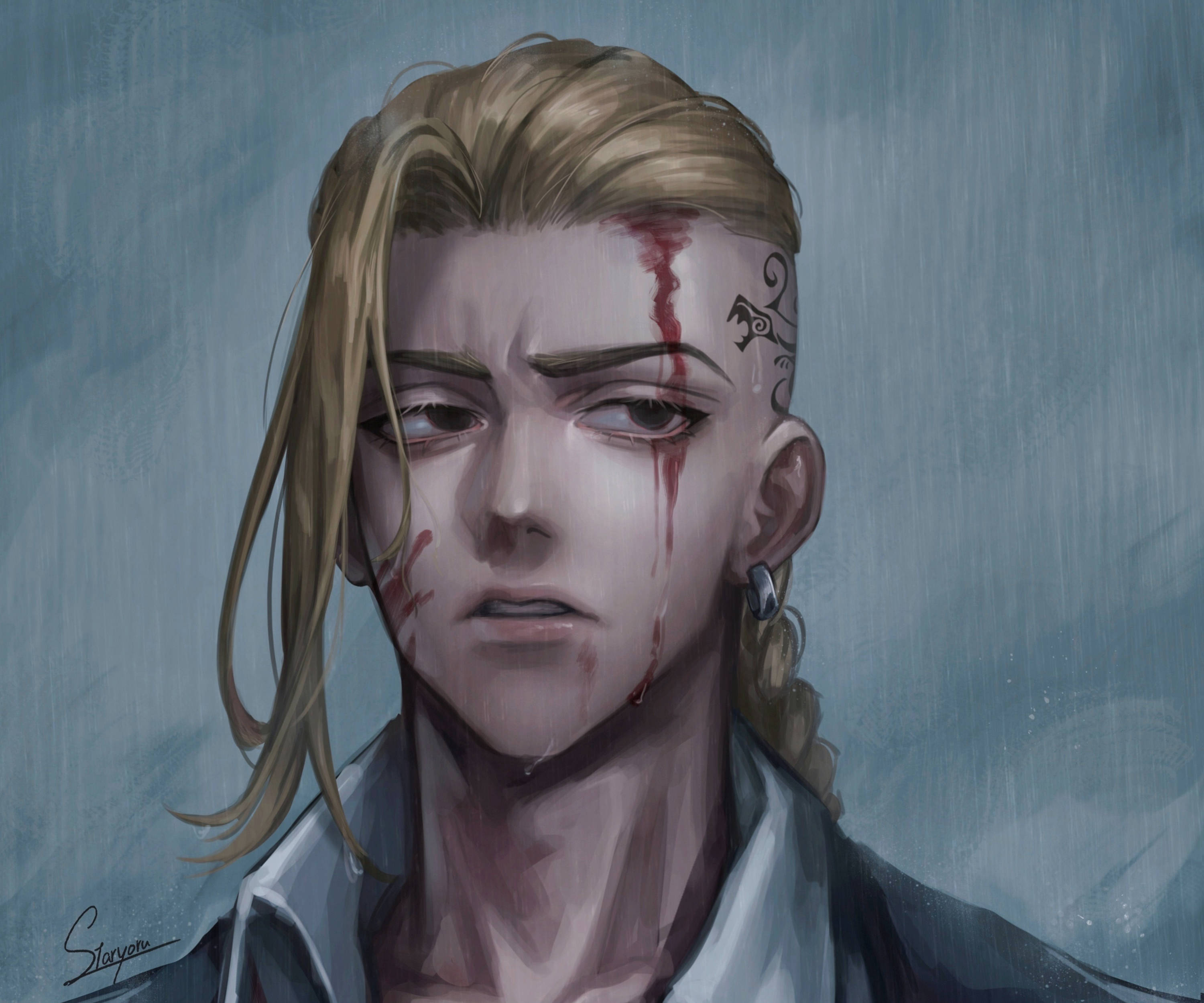 Draken Tokyo Revengers, blonde hair, blood streaks, 2K Desktop Wallpaper