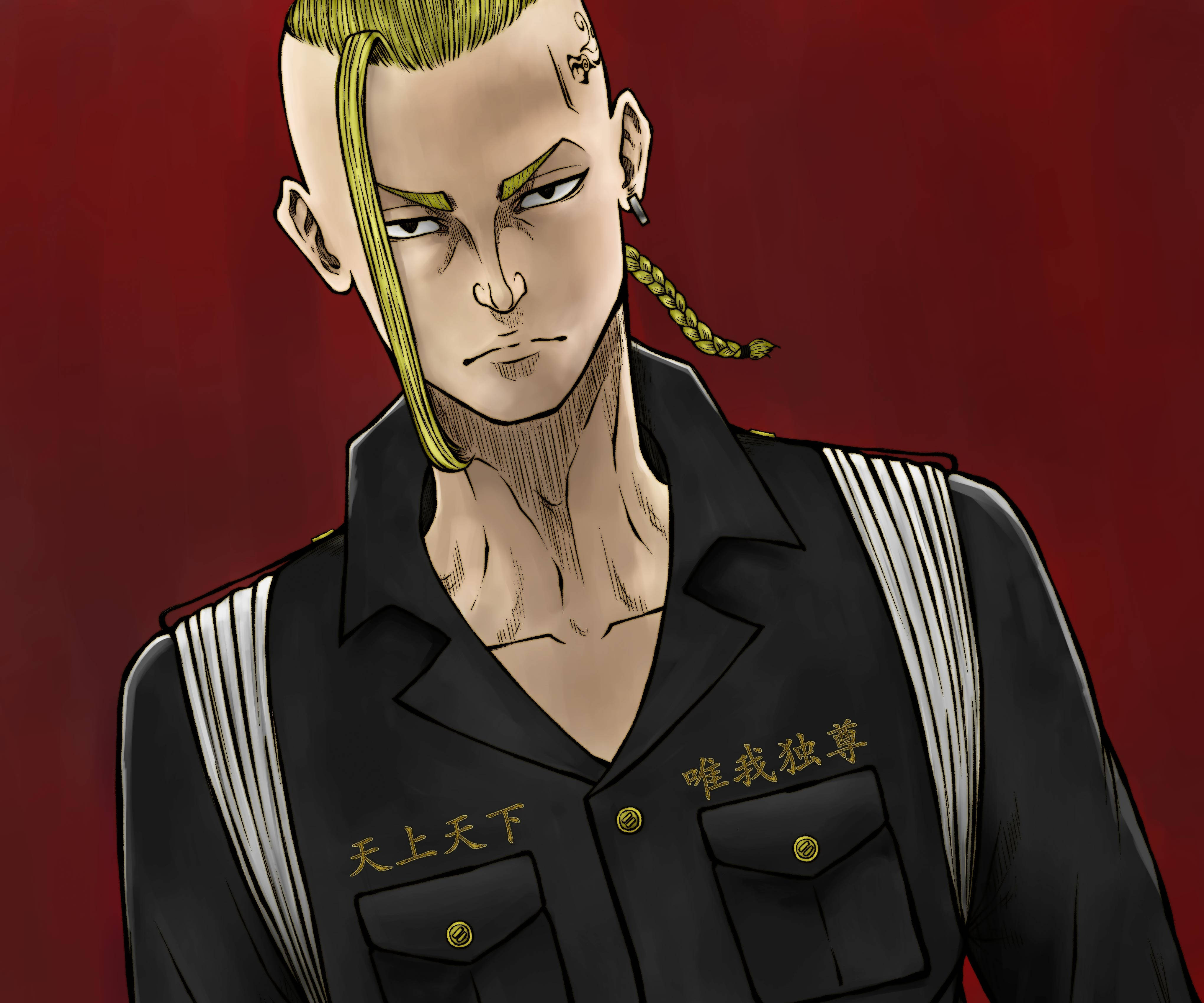 Draken Tokyo Revengers, green braided hair, tattoos, 4K Desktop Wallpaper