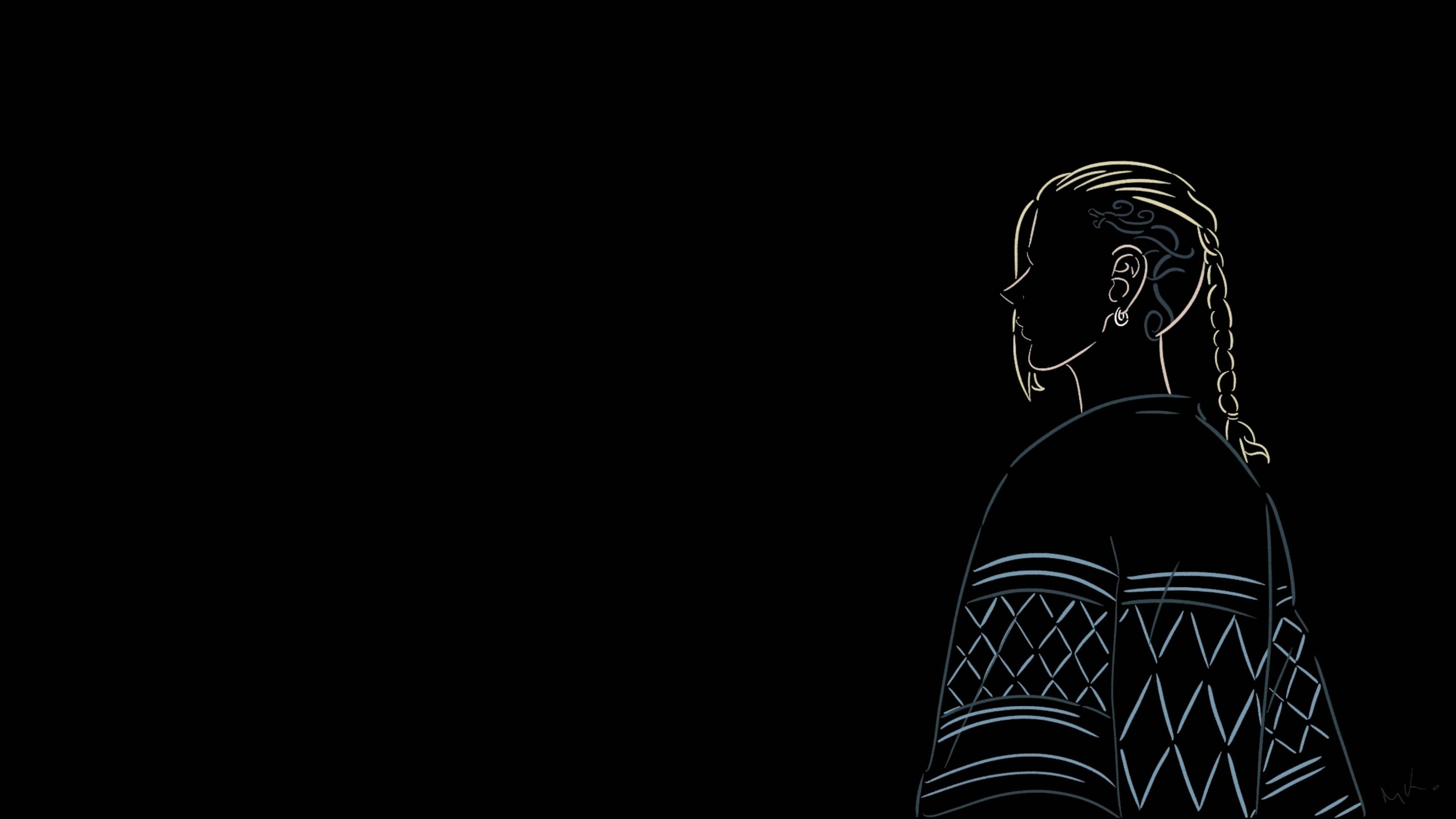 Draken, minimalist line-art silhouette, braided hair, 2K Desktop Wallpaper