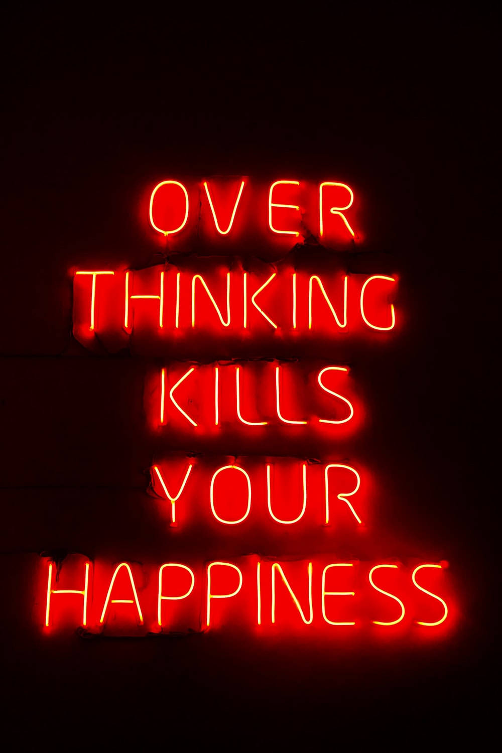 overthinking kills your happiness, glowing red neon sign, dark brick wall, HD Phone Wallpaper