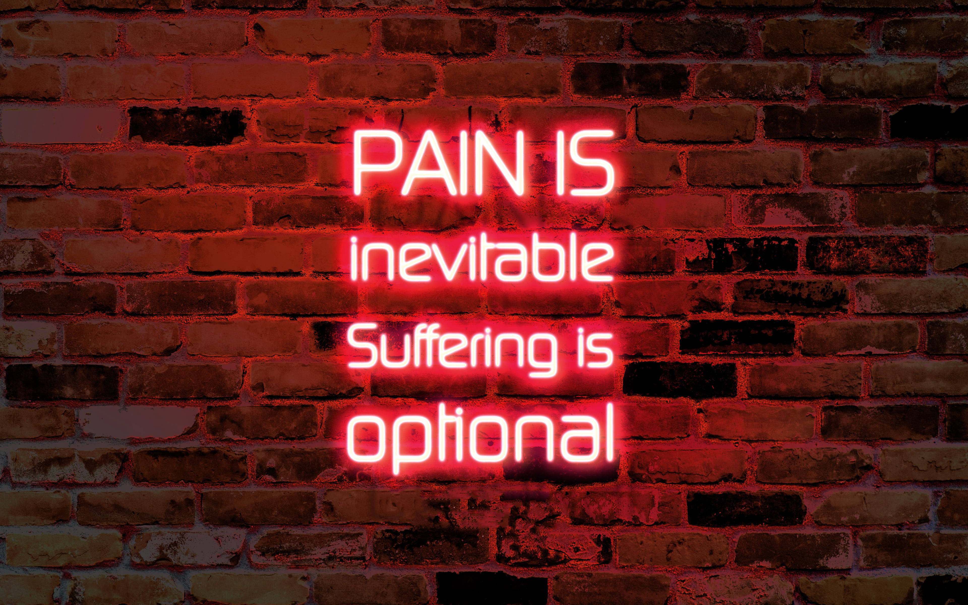 PAIN IS inevitable Suffering is optional, glowing red neon sign, textured brick wall, 4K Desktop Wallpaper