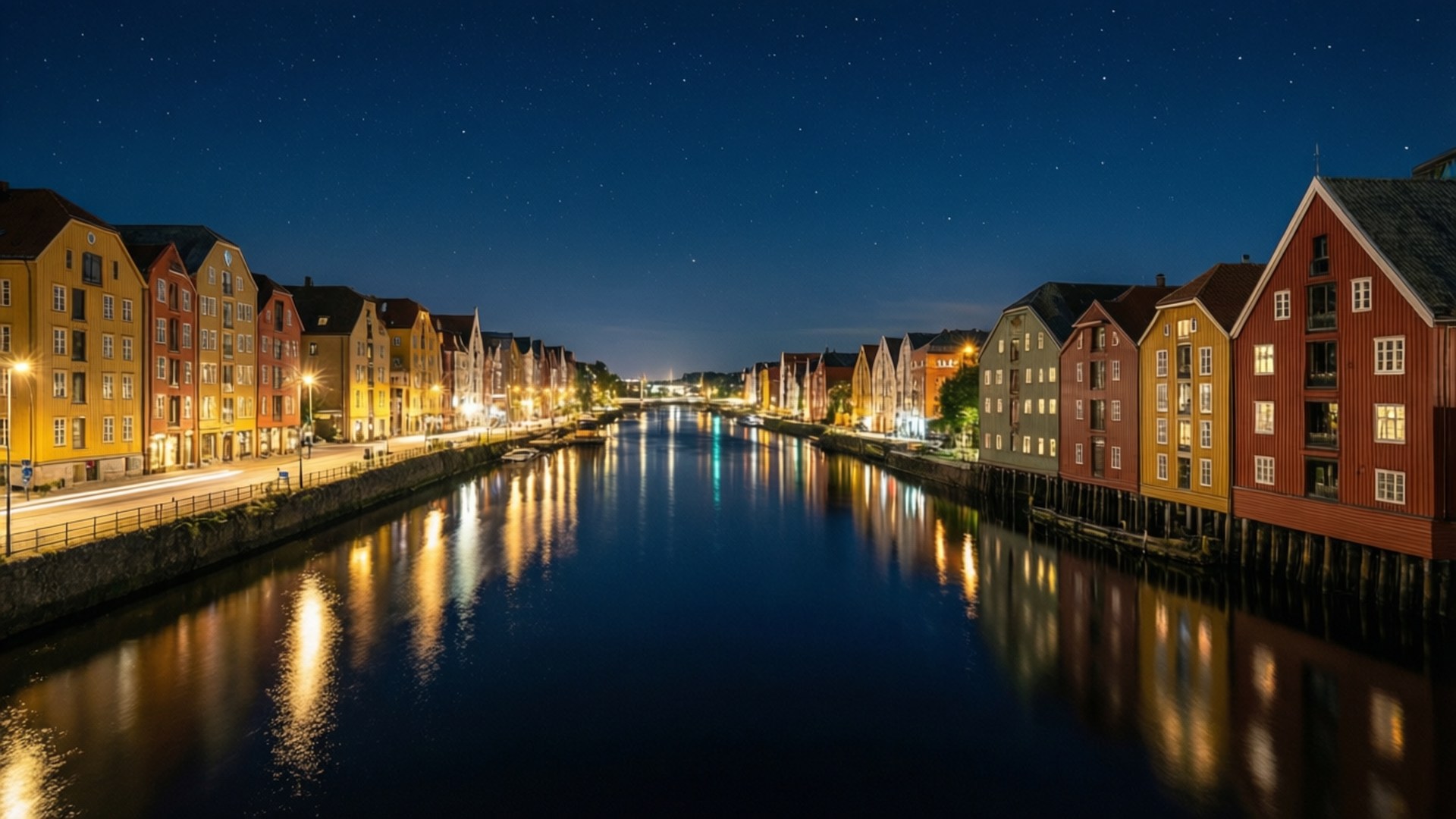 Drammen, Night Glow, canal, Full HD Desktop Wallpaper