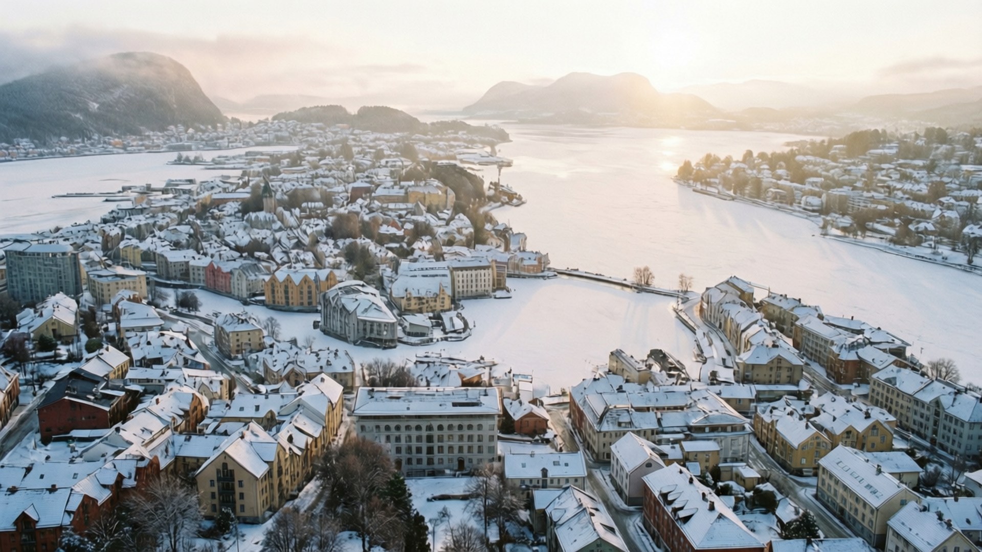 Drammen, snow covered coastal town, mountains, Full HD Desktop Wallpaper