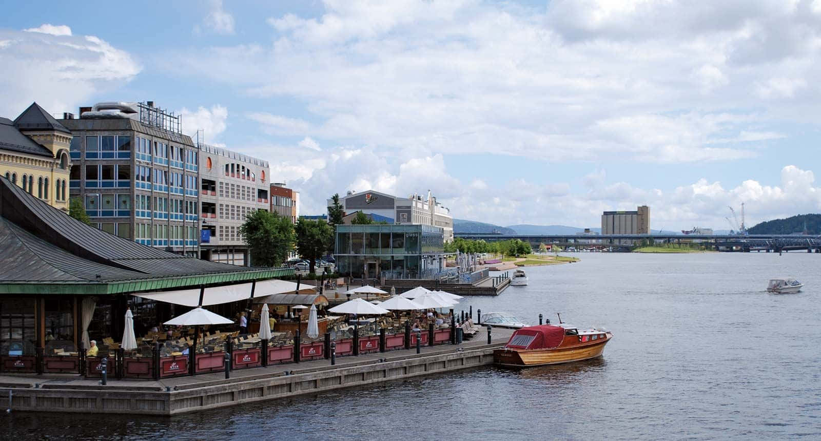 Drammen, riverfront, red boat, HD Desktop Wallpaper