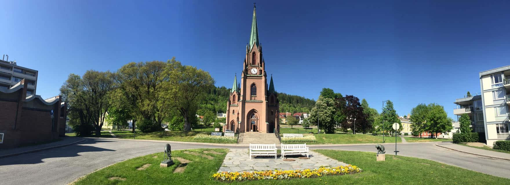 Drammen, red brick church, green spires, HD Desktop Wallpaper