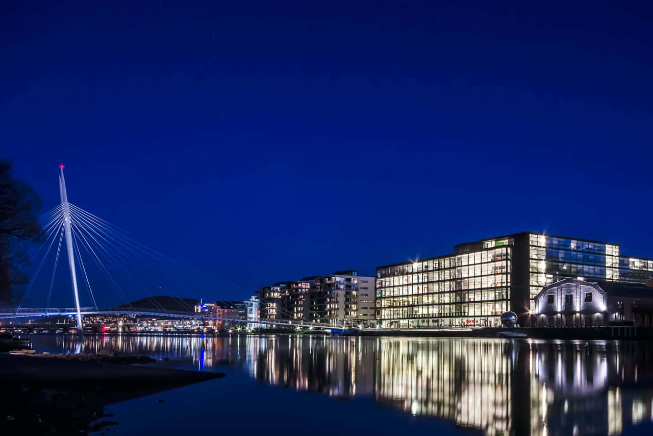 Drammen, nighttime, riverside view, HD Desktop Wallpaper
