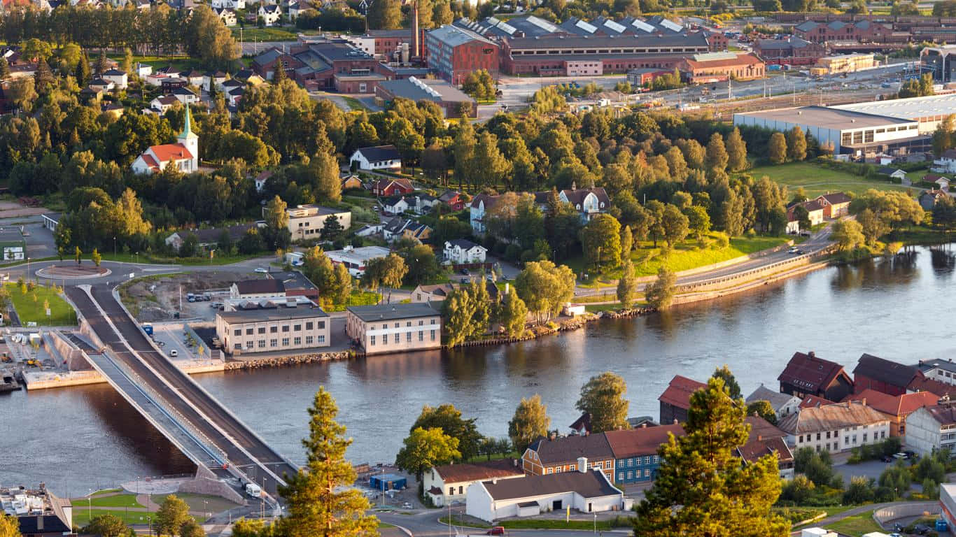 Drammen River, aerial view, golden afternoon light, HD Desktop Wallpaper