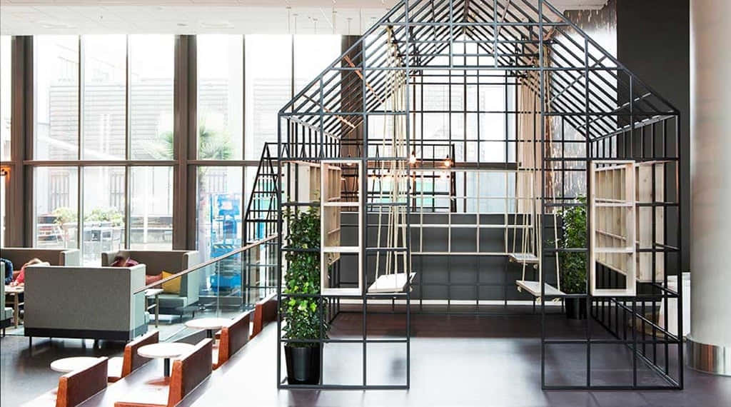 Drammen, modern hotel lobby design, black metal house-shaped structure, SD Desktop Wallpaper