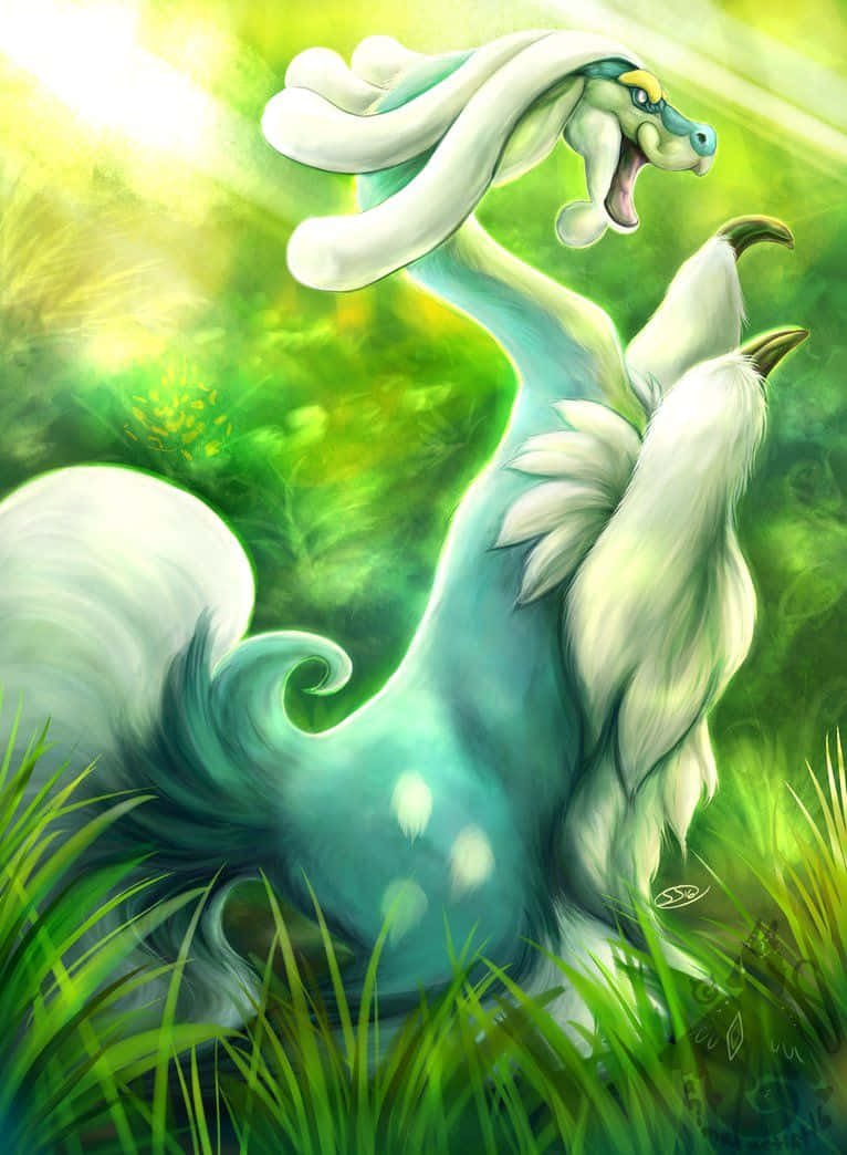 Drampa, turquoise and white, flowing mane and tail, SD Phone Wallpaper