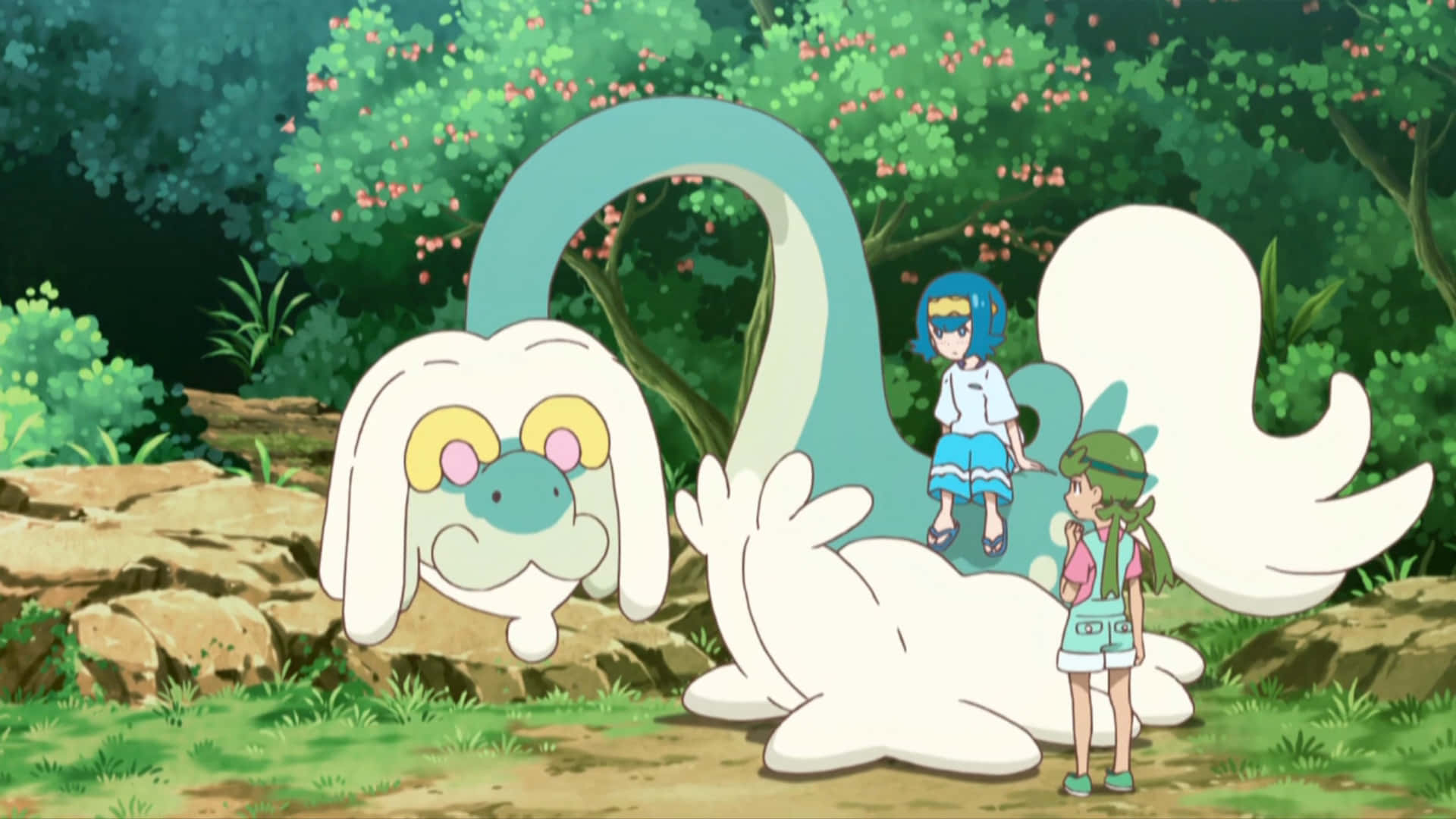 Drampa, anime girls, large white Pokémon, Full HD Desktop Wallpaper