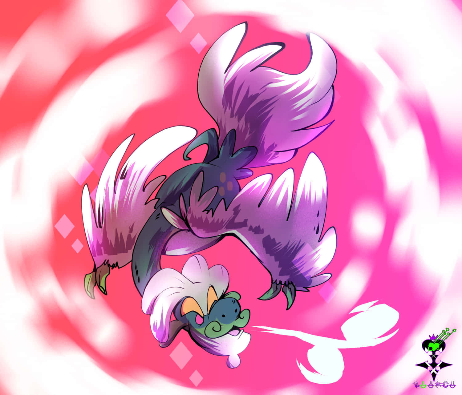 Drampa, purple and white dragon-like creature, flowing feathers, HD Desktop Wallpaper
