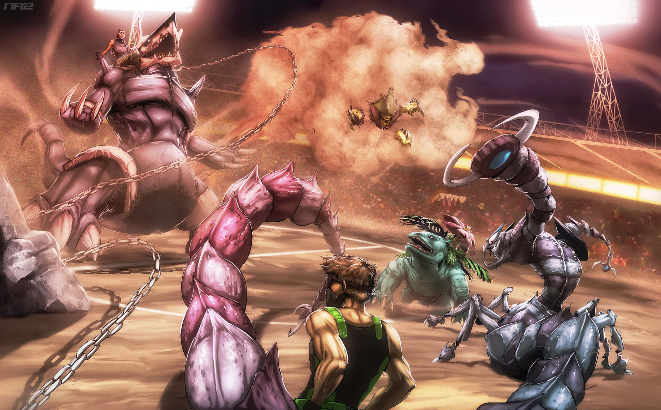 Drapion, green tank top, dusty arena, Full HD Desktop Wallpaper
