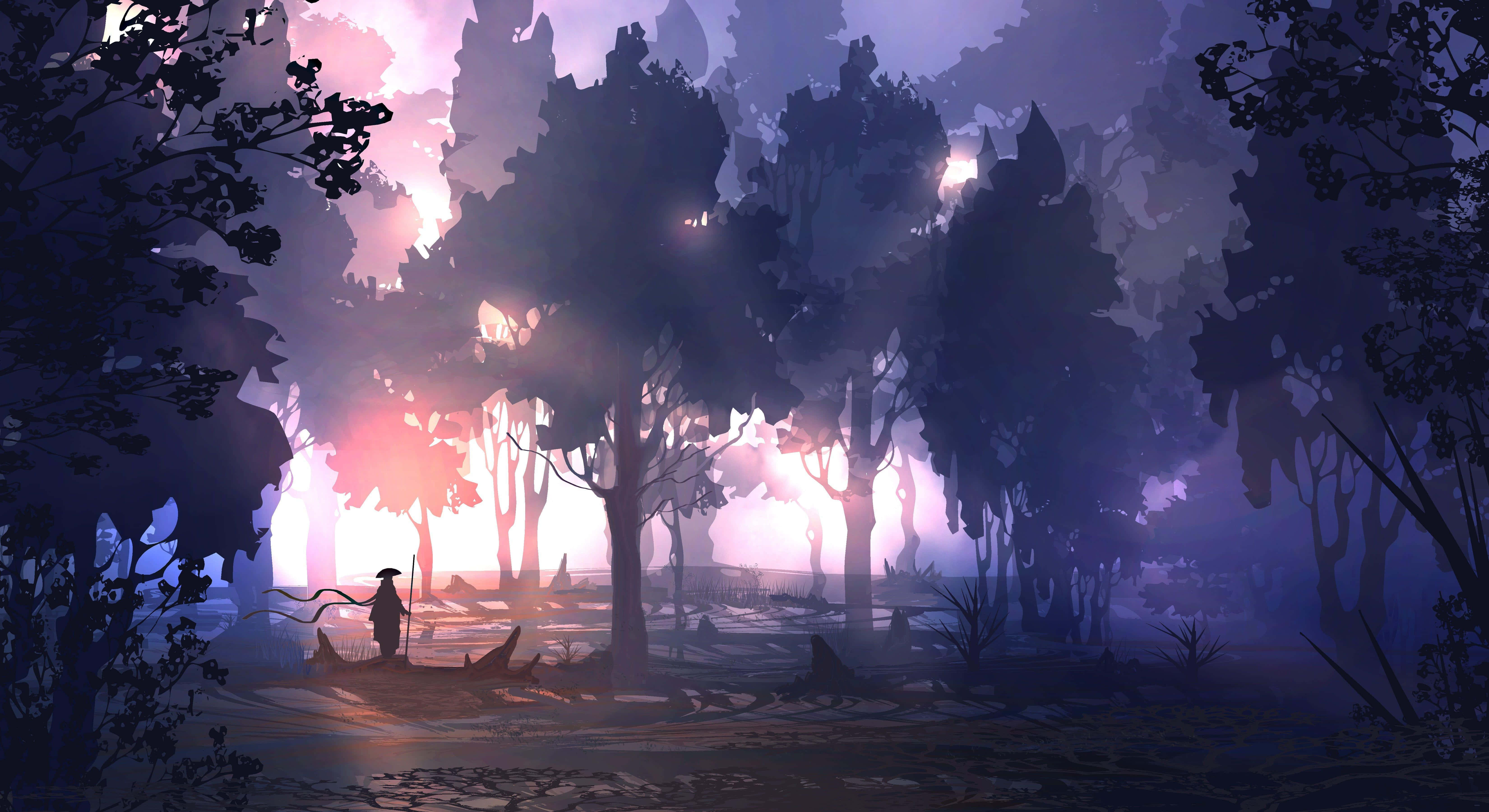 enchanted forest, sunset, silhouette, 5K Desktop Wallpaper