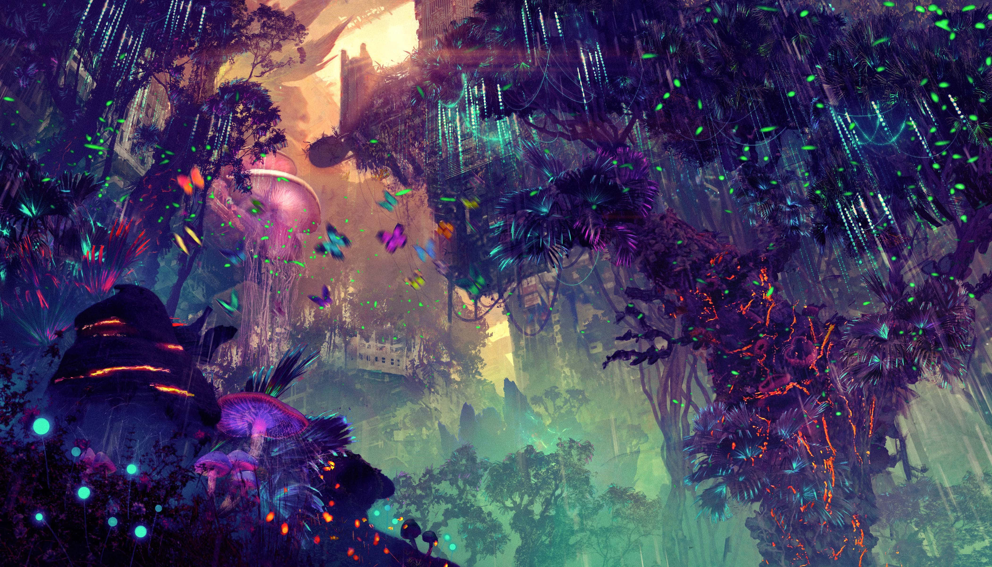 enchanted forest, glowing wildlife, bioluminescent flora, 4K Desktop Wallpaper