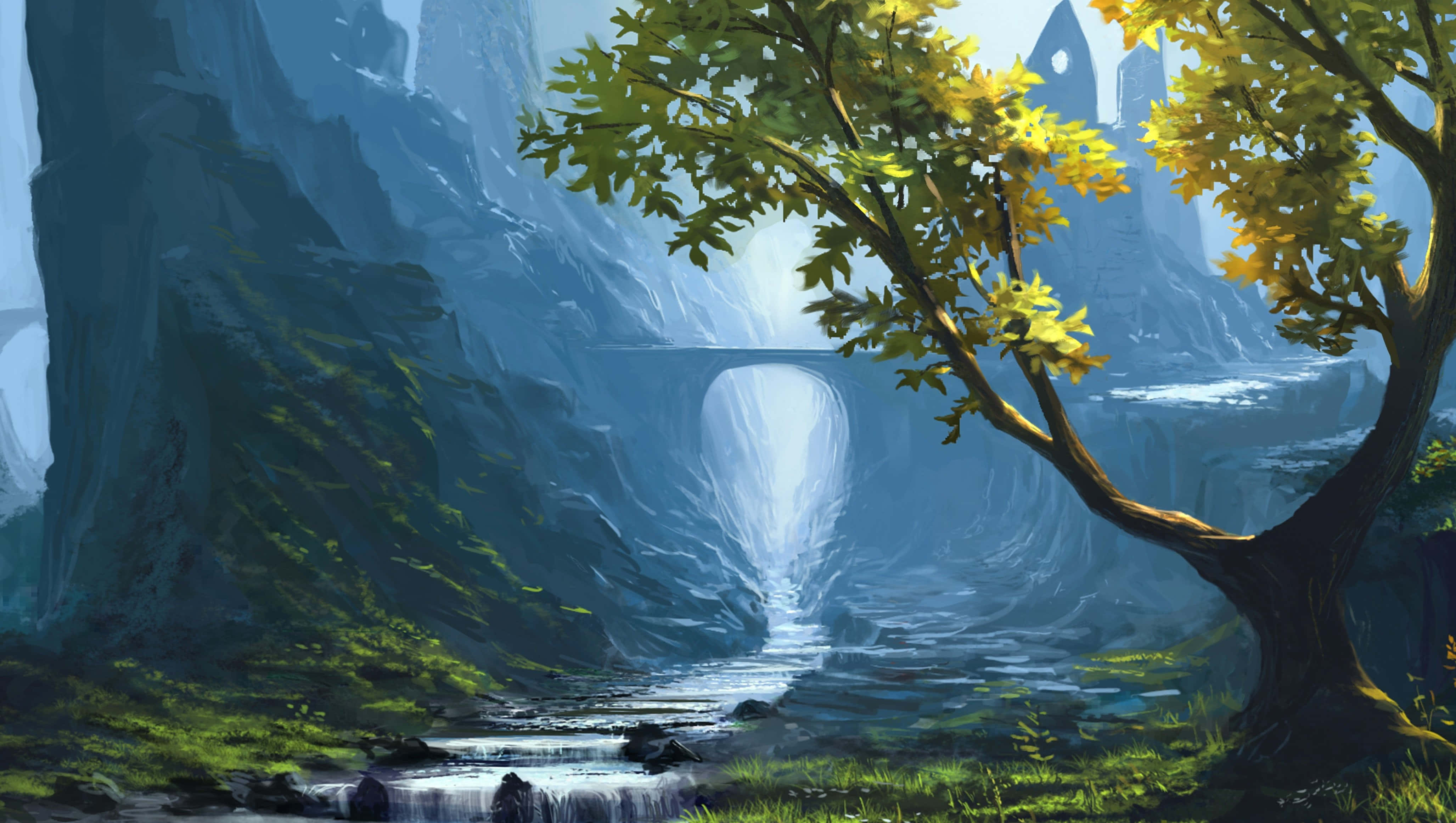 enchanted valley, majestic tree, golden leaves, 4K Desktop Wallpaper