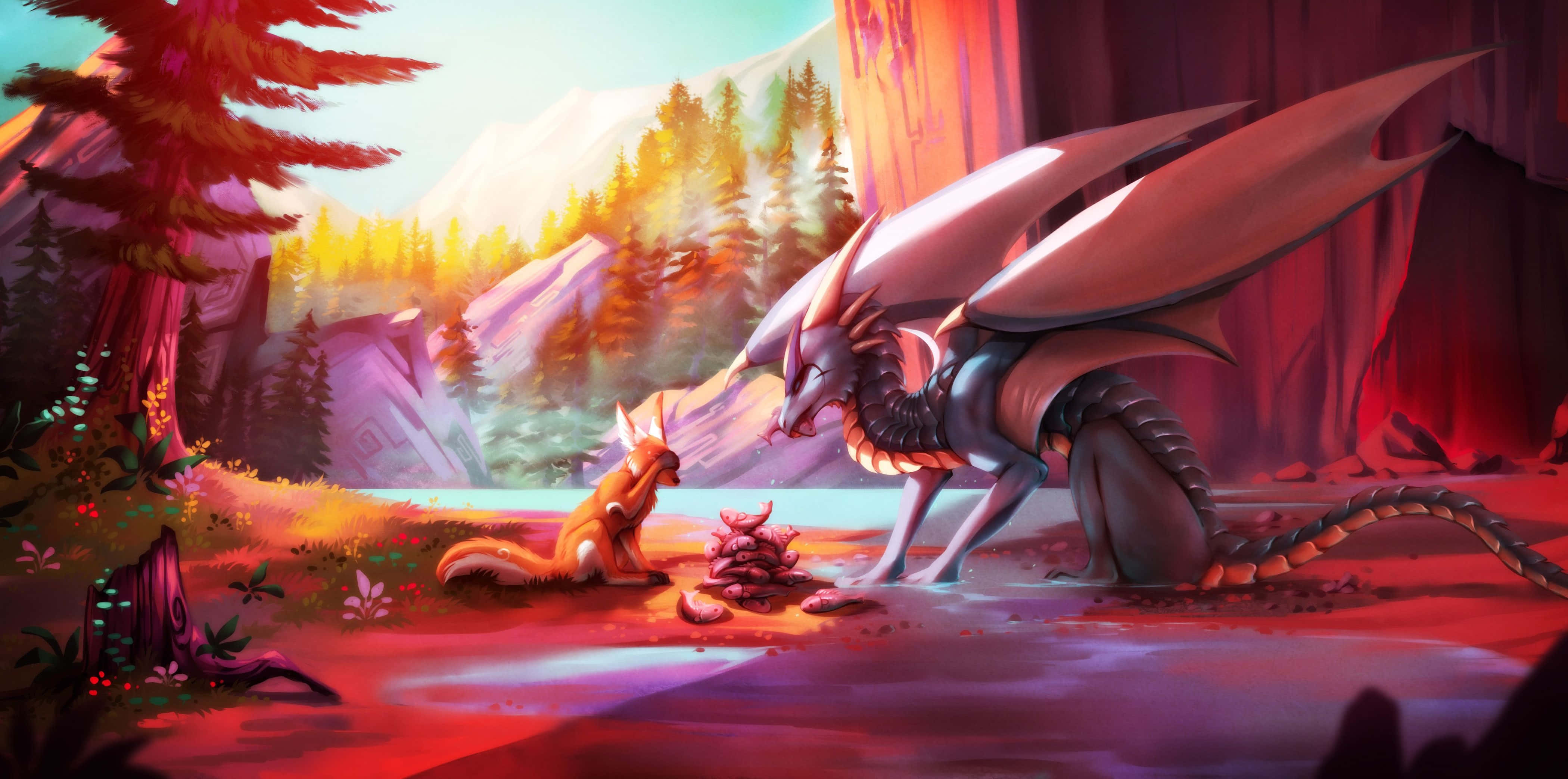 dragon, fox, vibrant forest clearing, 4K Desktop Wallpaper