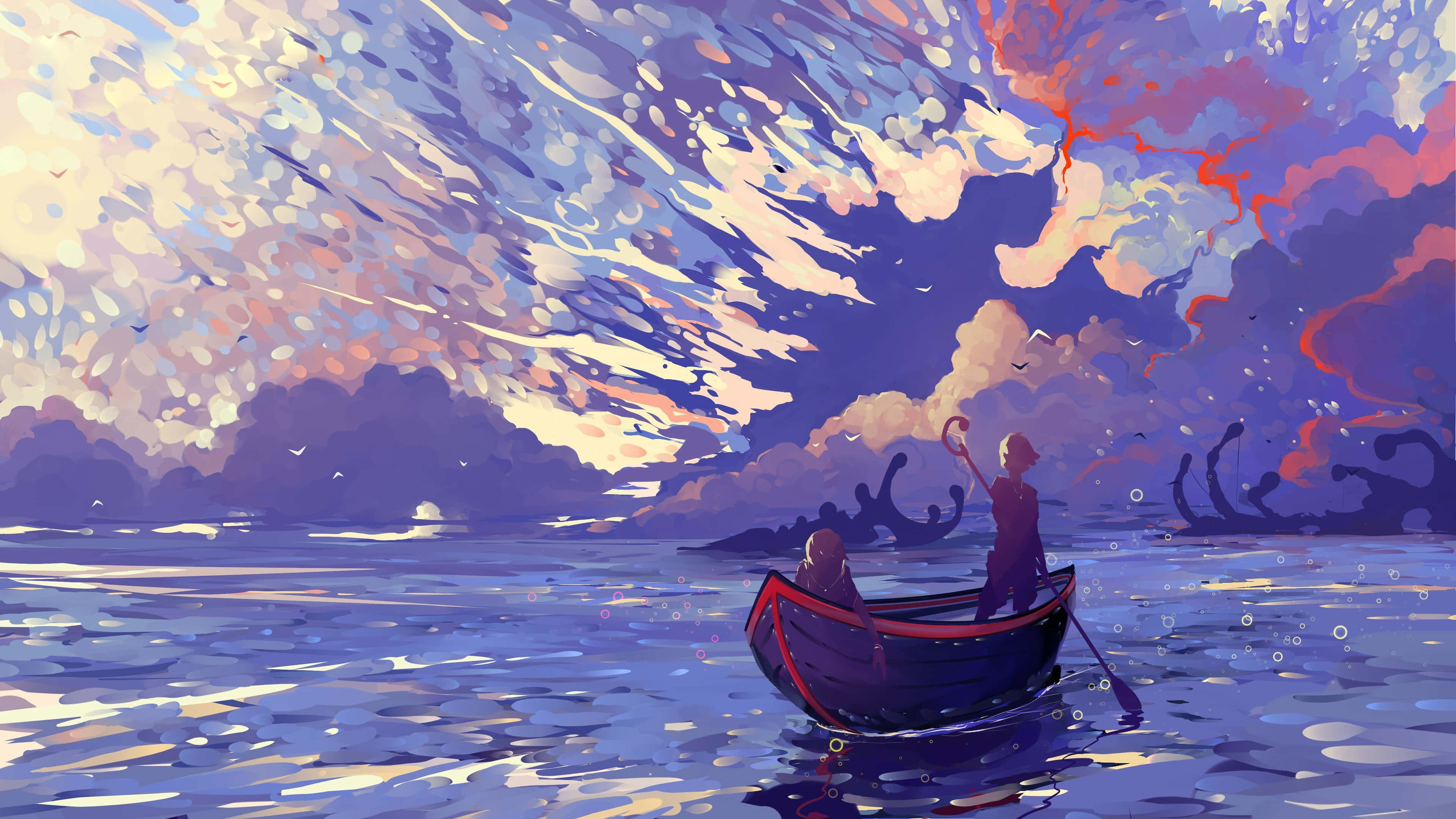 sunset, boat ride, animated artwork, 4K Desktop Wallpaper