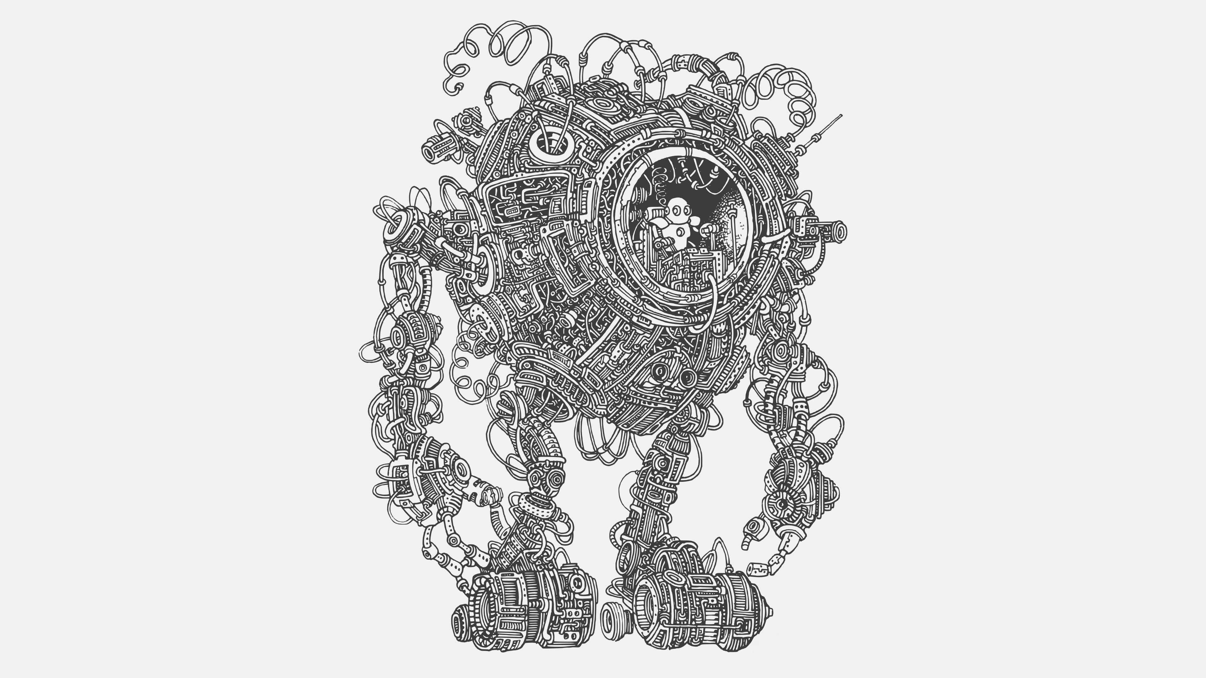 intricate mechanical astronaut, black and white line drawing, gears, 4K Desktop Wallpaper