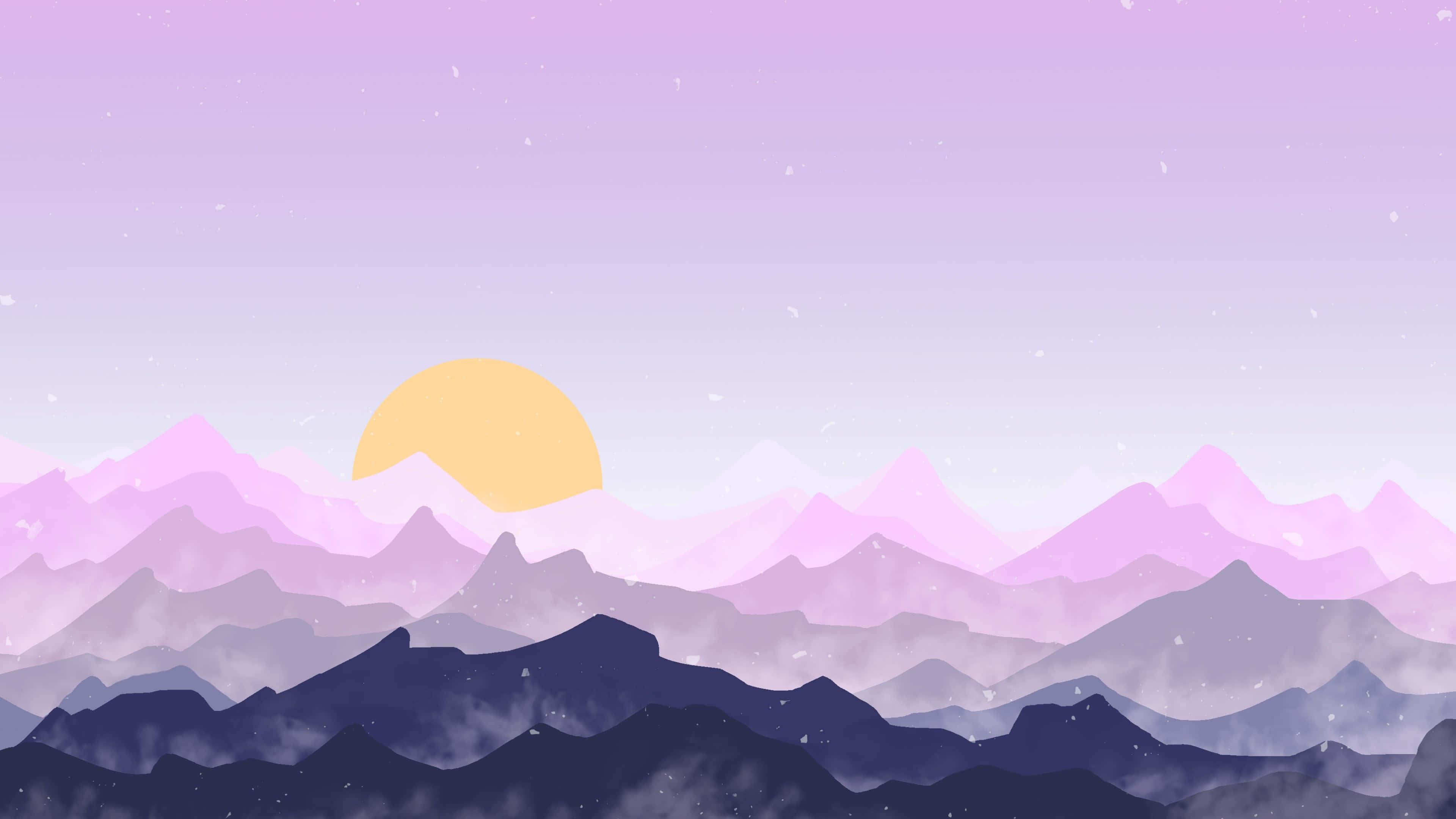Misty Mountain Sunrise, pastel purple mountains, soft yellow sun, 4K Desktop Wallpaper