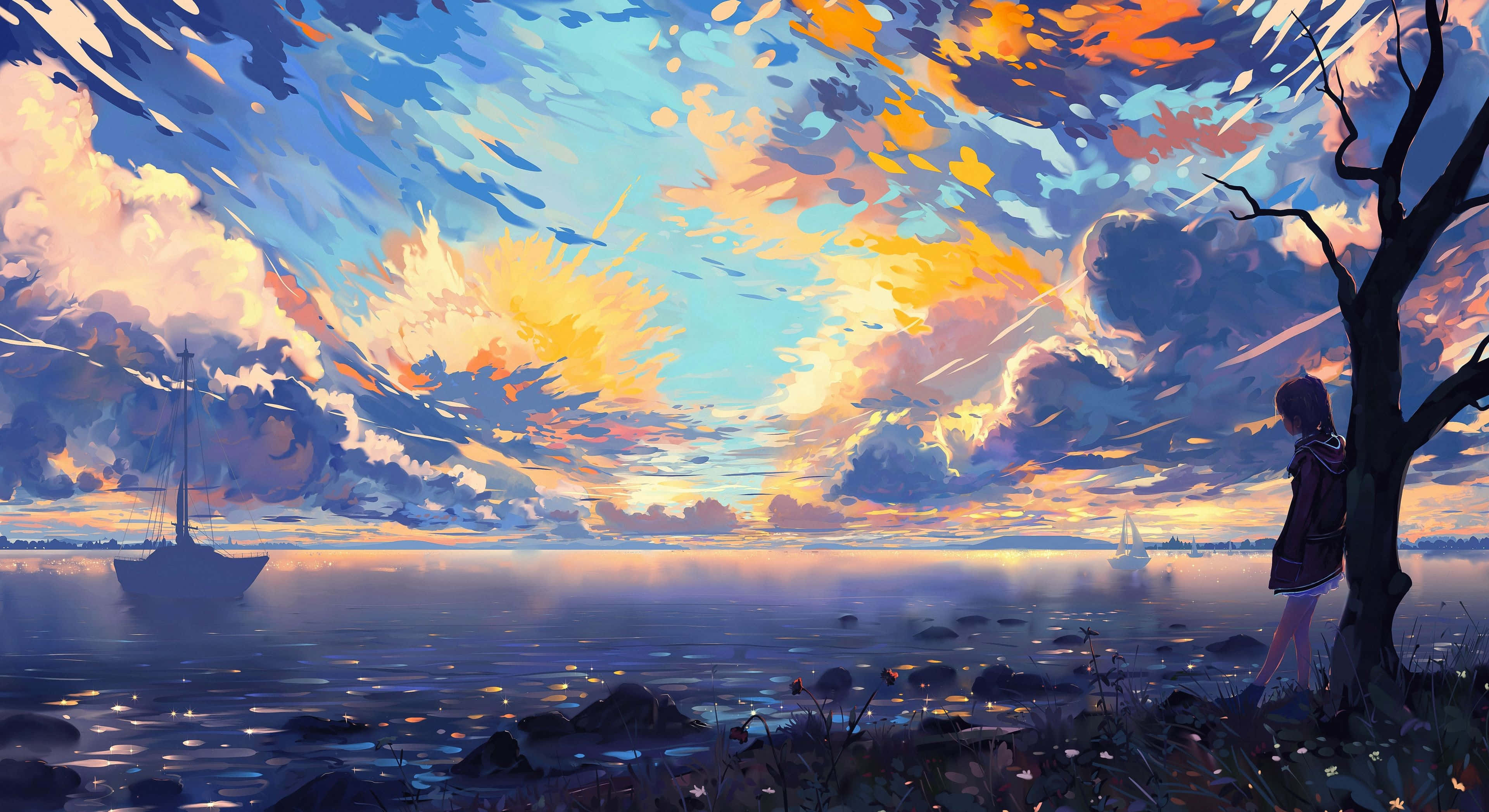 sunset serenity by the sea, sailboat, vibrant sunset sky, 4K Desktop Wallpaper