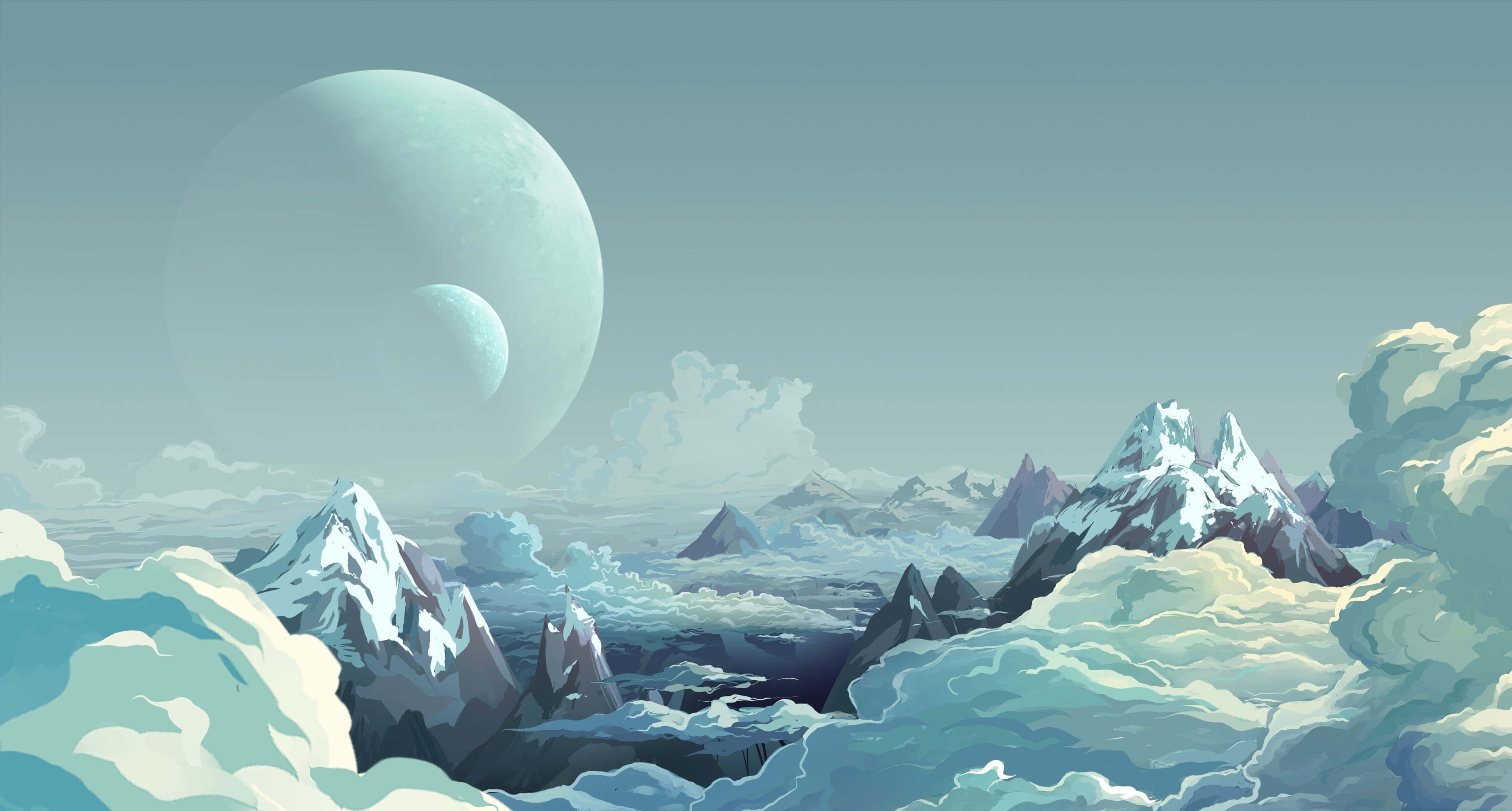 mystic mountain peaks, giant moon, snow-capped mountains, 4K Desktop Wallpaper
