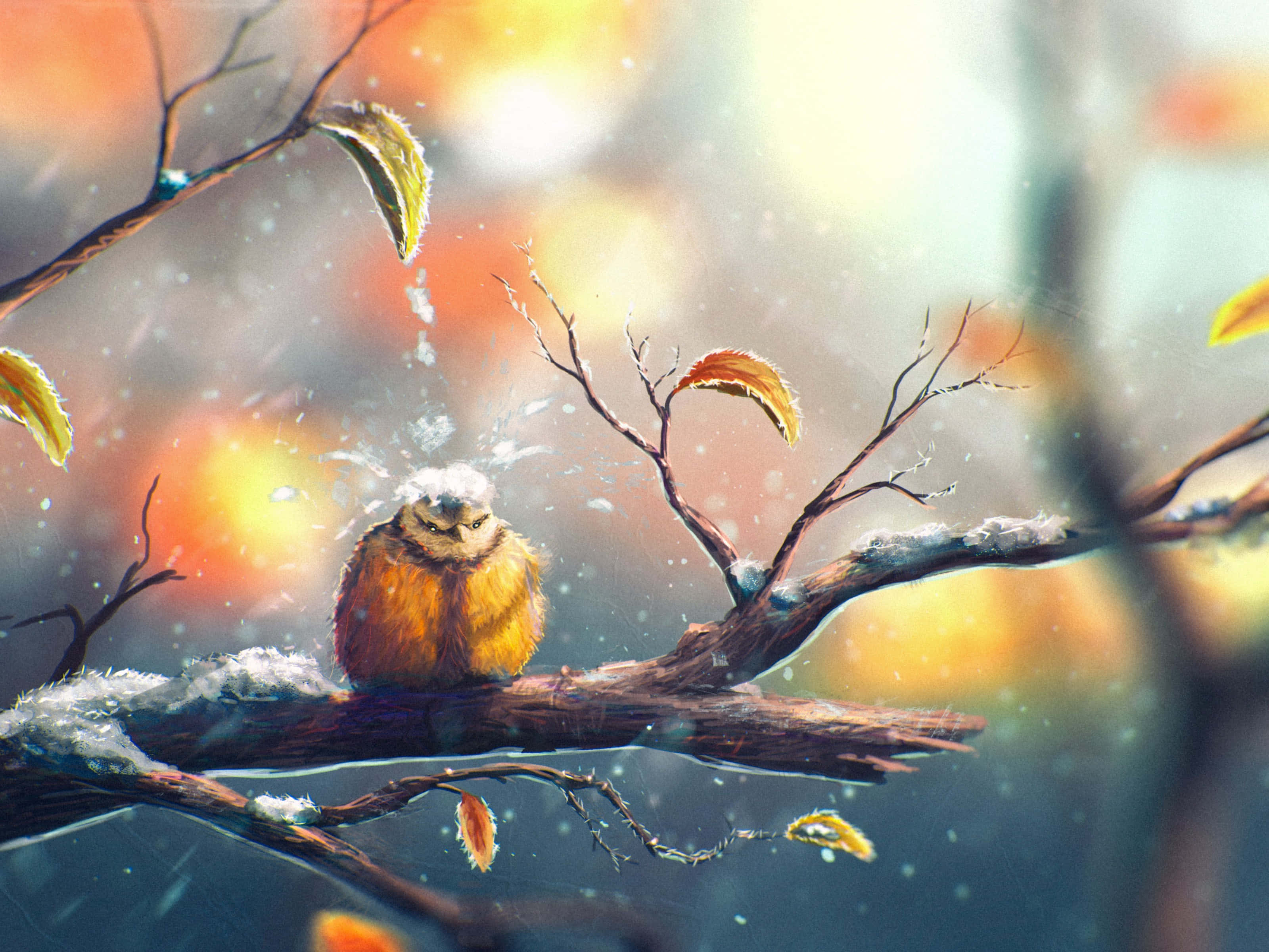 Autumn Winter Transition Owl, snowy feathers, frosty branch, 2K Desktop Wallpaper