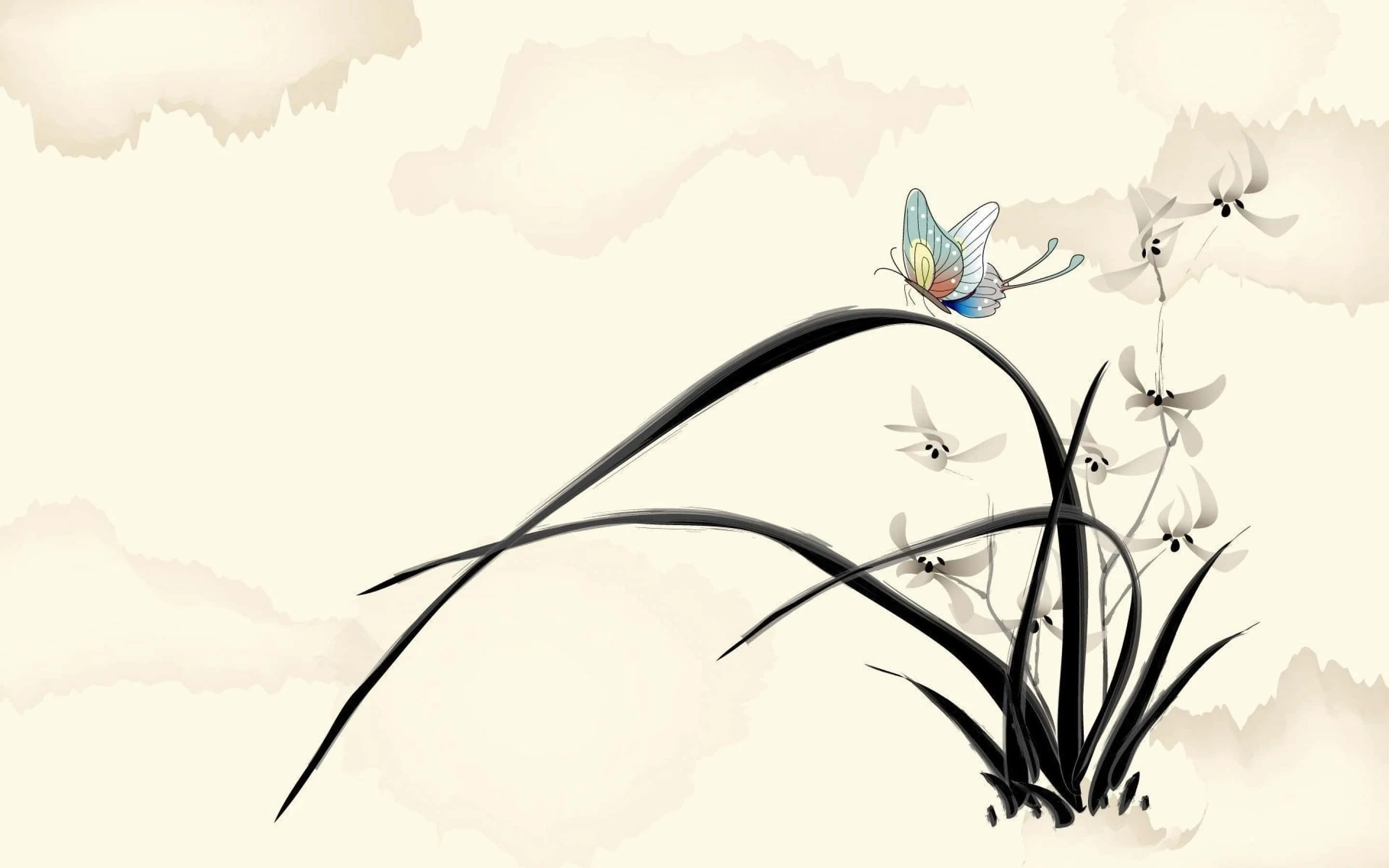 blue butterfly, black orchid stem, soft beige watercolor sky, 2K Desktop Wallpaper