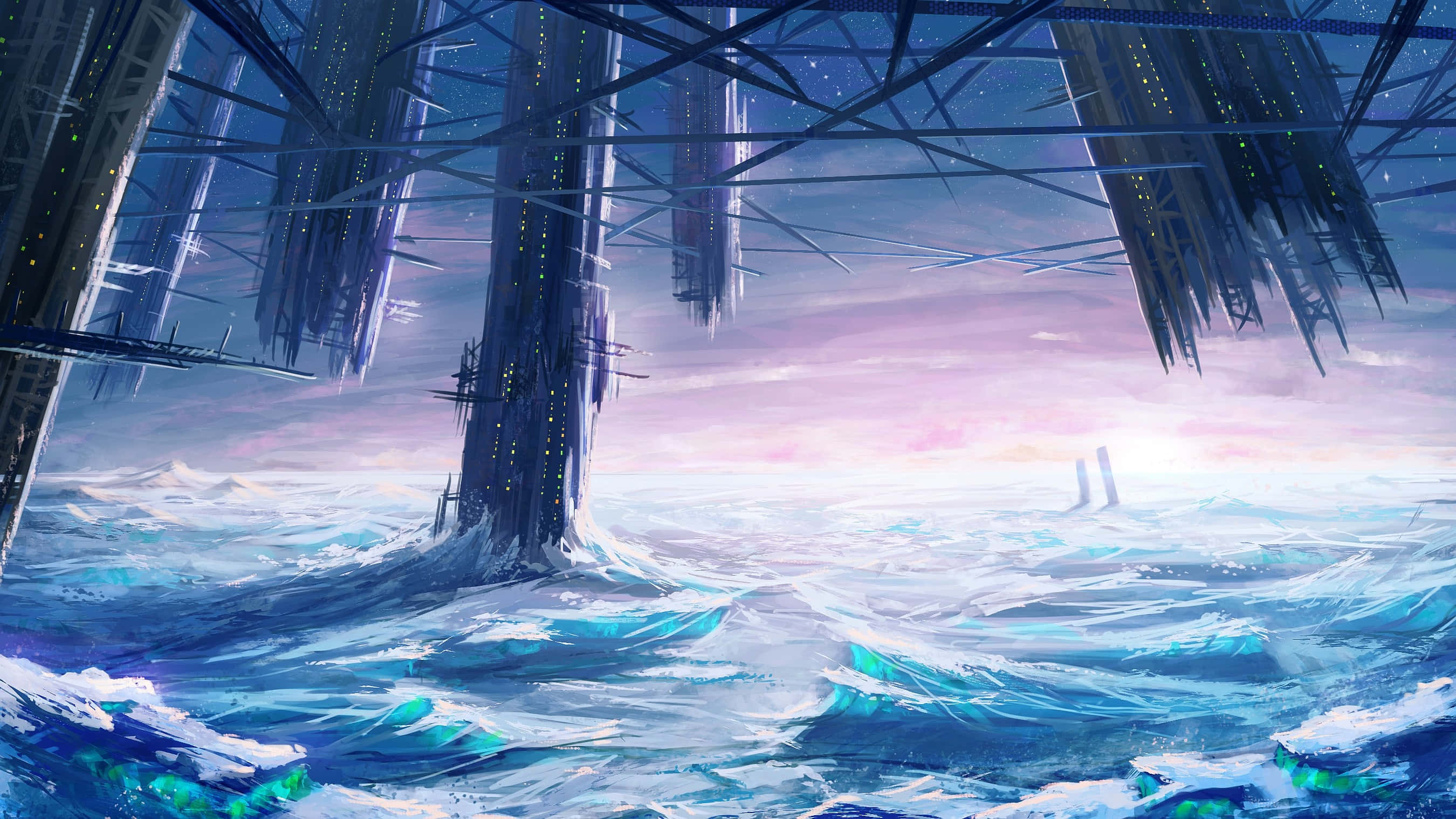 futuristic arctic cityscape, towering icy structures, turbulent blue sea, 2K Desktop Wallpaper