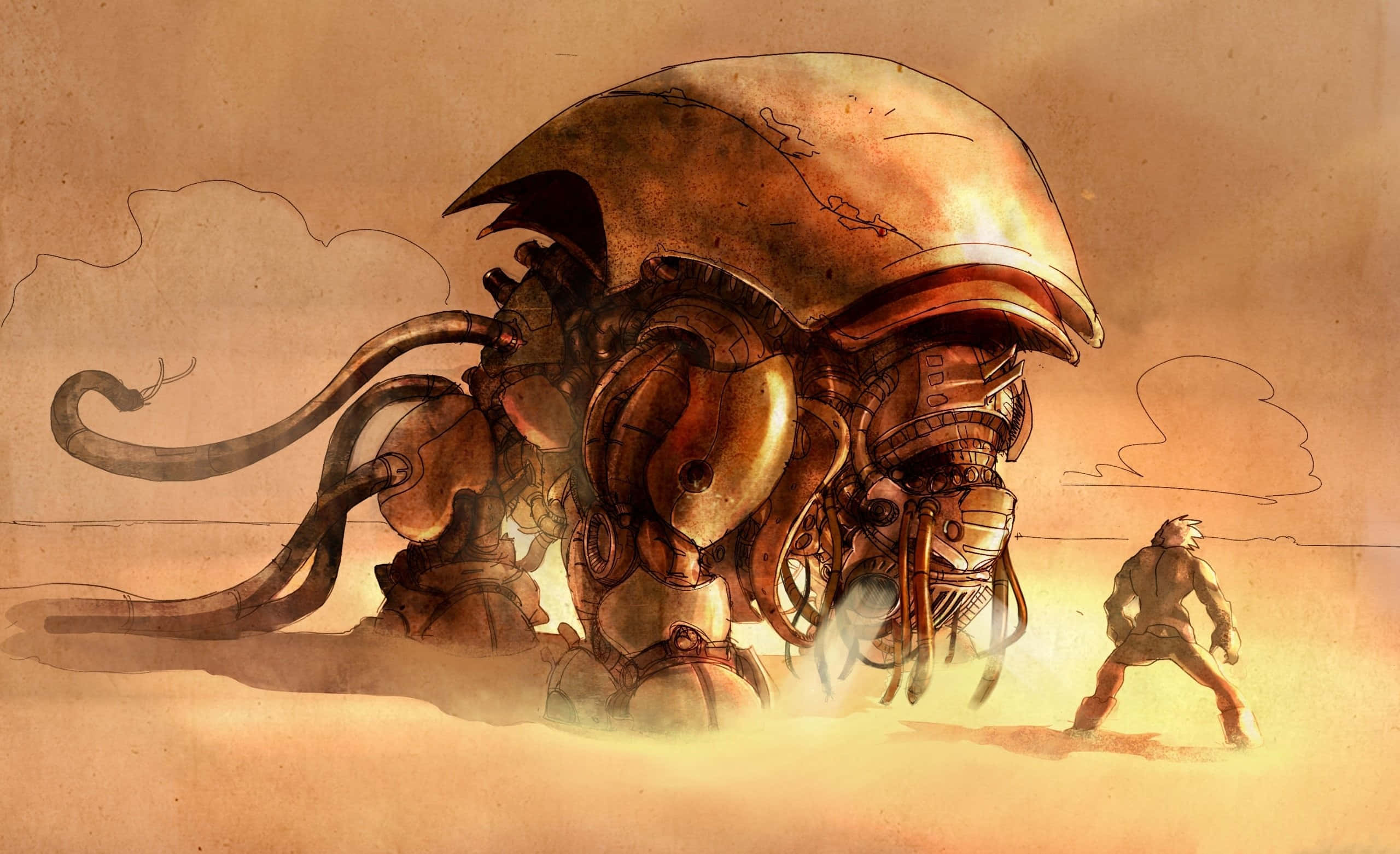 steampunk octopus mech, colossal biomechanical creature, desolate desert wasteland, 2K Desktop Wallpaper